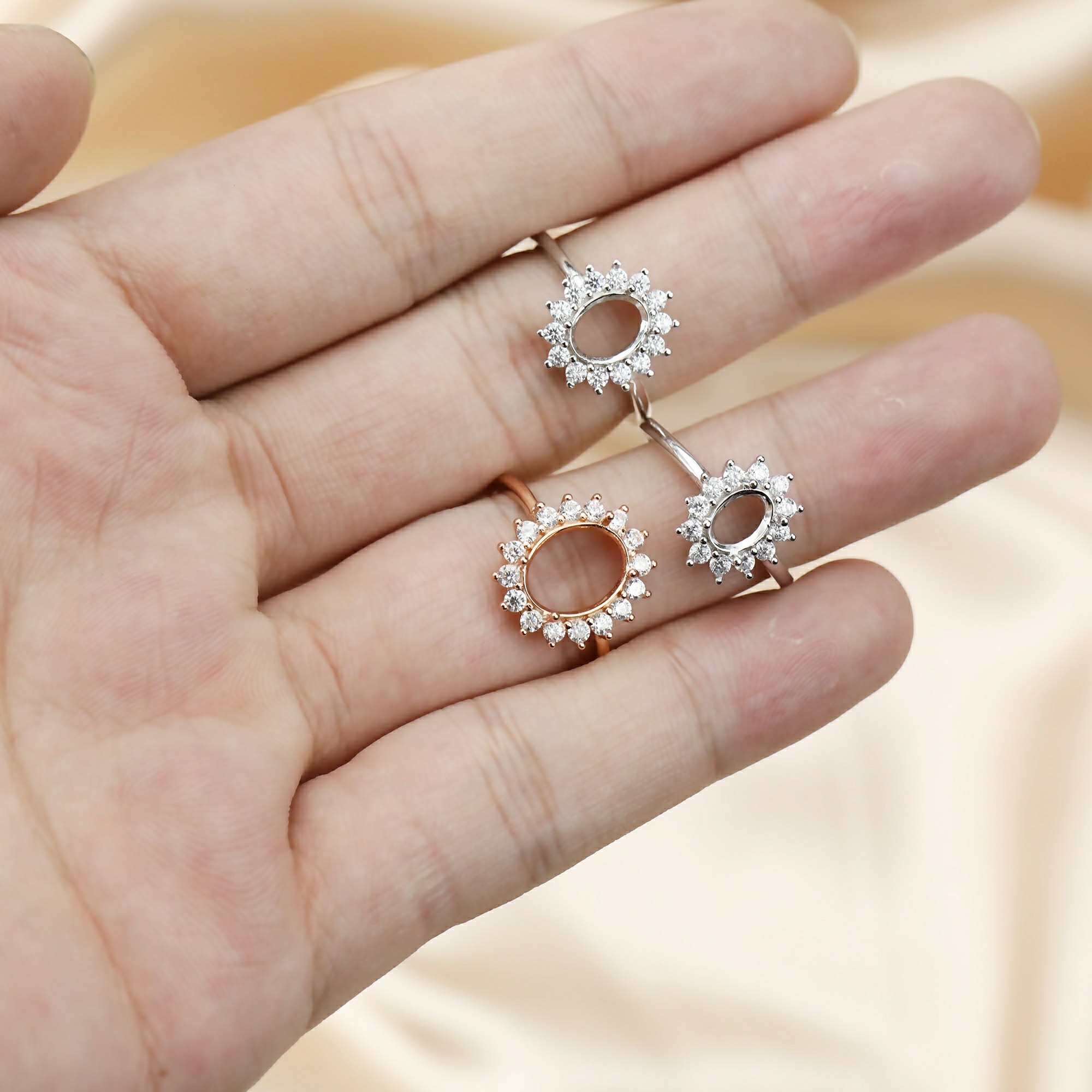 1Pcs Multiple Size Rose Gold Silver Oval Gems Cz Stone Prong Setting Solid 925 Sterling Silver Bezel Tray DIY Adjustable Ring Settings 1224004 - Click Image to Close