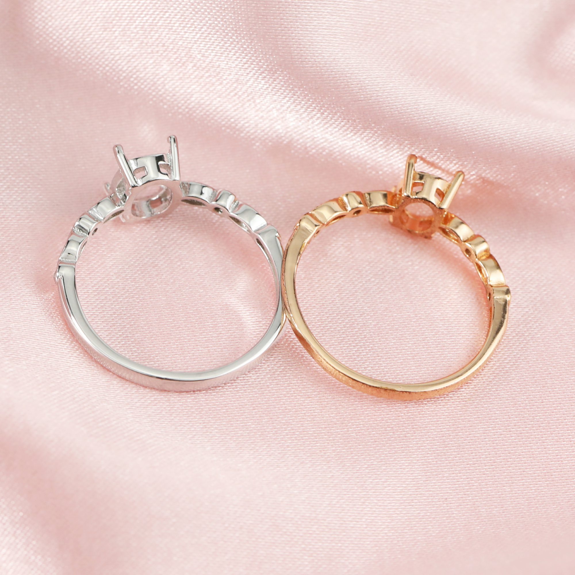 Oval Prong Ring Settings Solid 14K Rose White Gold with Moissanite Accents DIY Vintage Style Bezel Tray for Diamond Gemstones 1224012-1