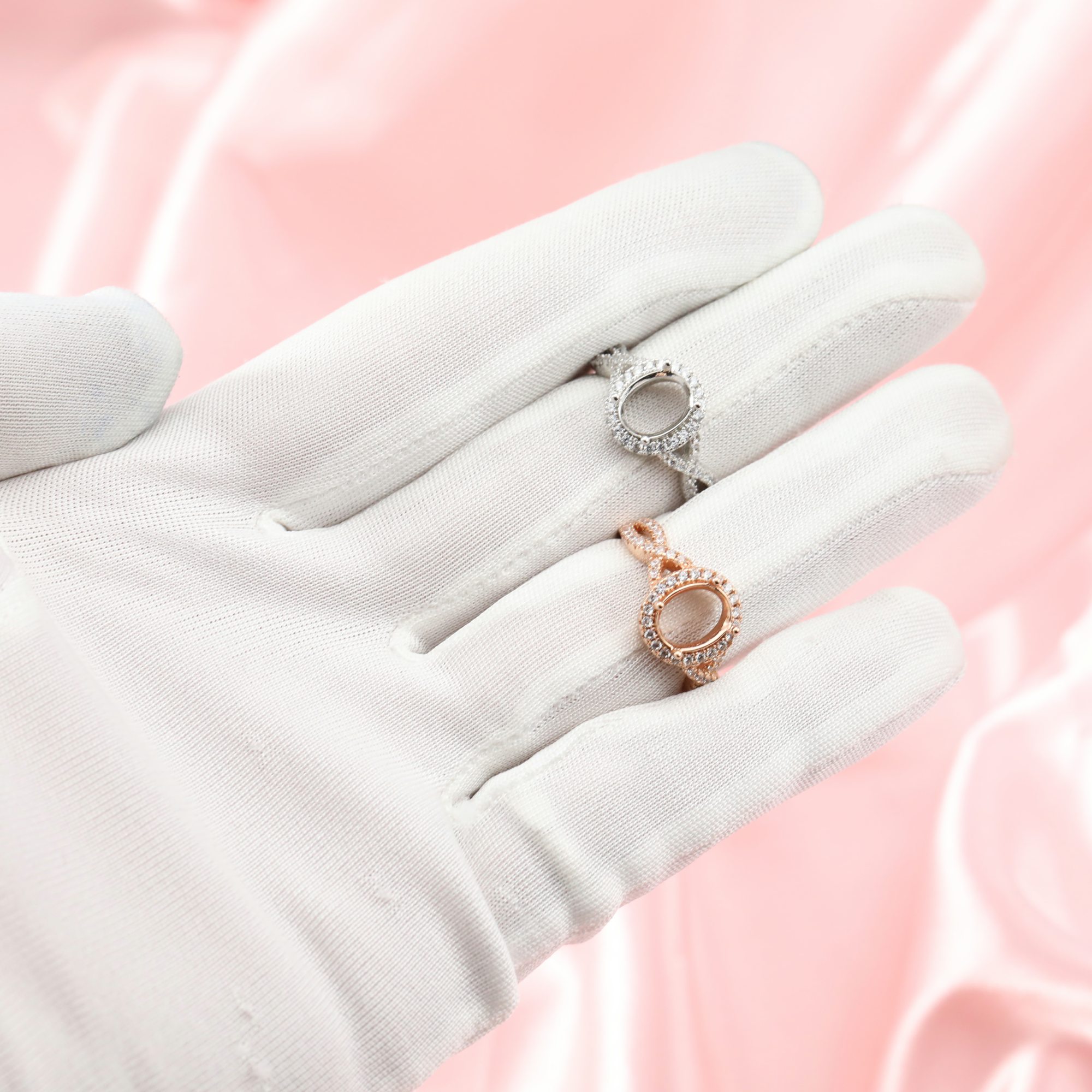 Oval Prong Ring Settings Solid 14K Rose White Gold with Moissanite Accents DIY Vintage Style Freeform Shank Bezel Tray for Diamond Gemstones 1224032-1