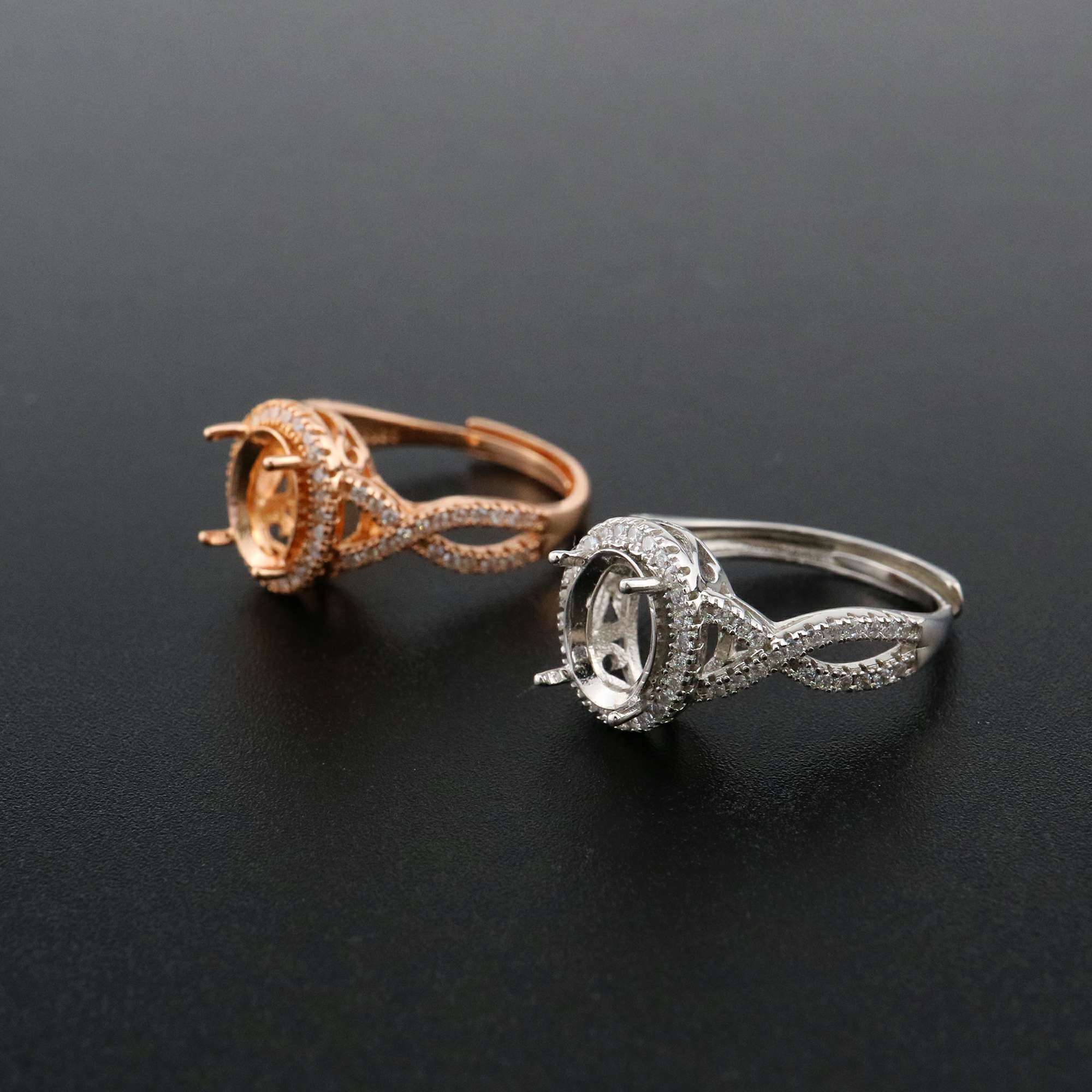 1Pcs 7x9MM Oval Halo Free Form Shank Rose Gold Plated Solid 925 Sterling Silver Adjustable Prong Ring Settings Blank for Gemstone 1224032 - Click Image to Close