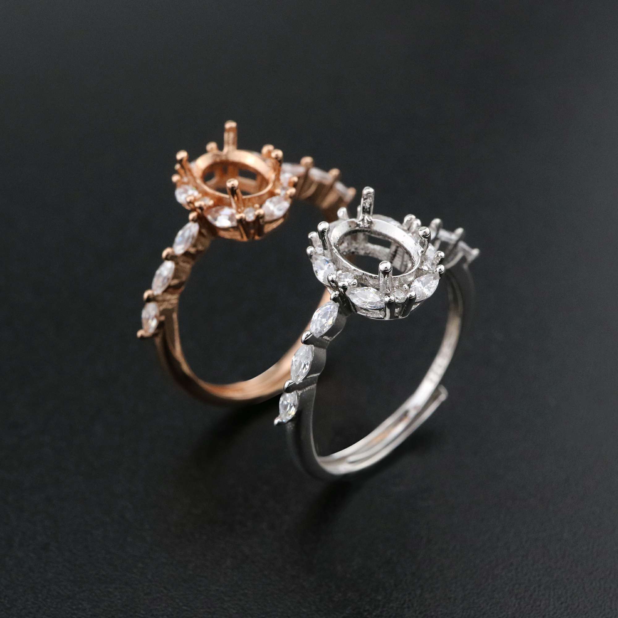 1Pcs 5x7MM Oval Bezel Marquise Accents Rose Gold Plated Solid 925 Sterling Silver Adjustable Prong Ring Settings Blank for Gemstone 1224033 - Click Image to Close