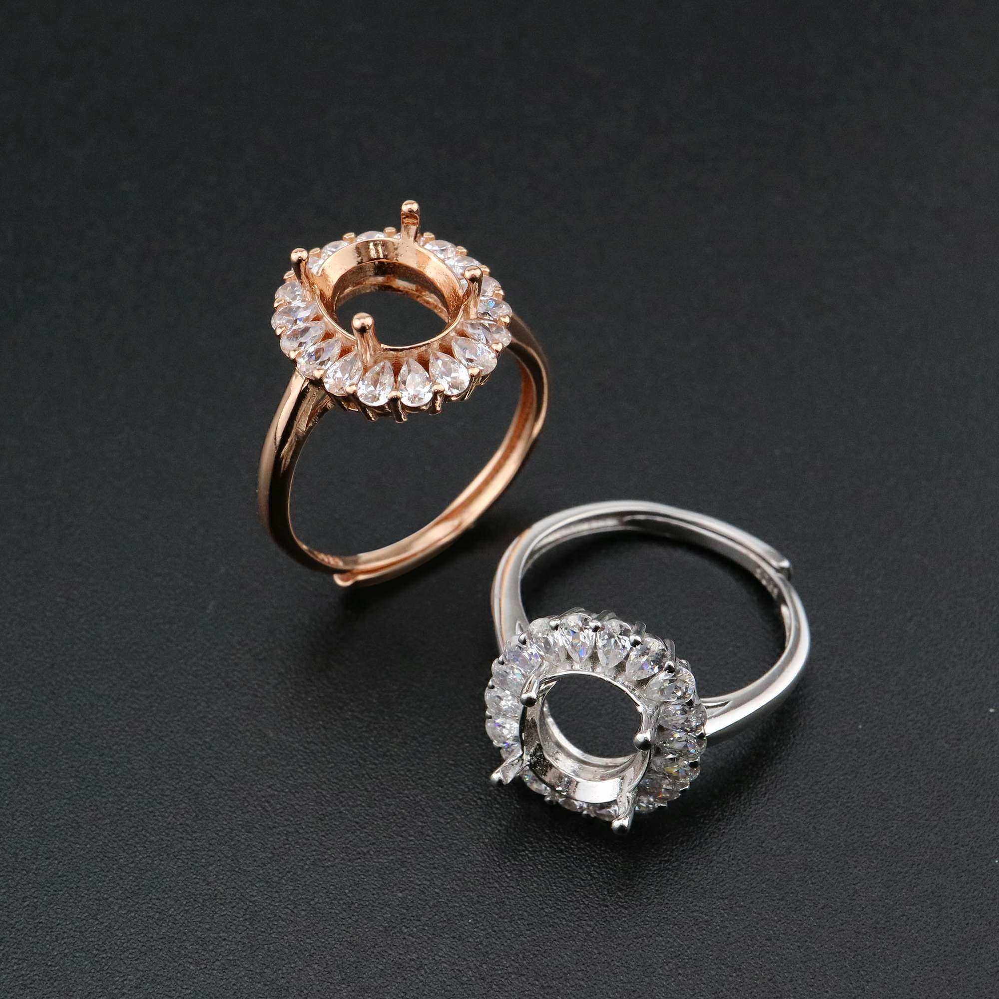 1Pcs 8x10MM Oval Bezel Pear Accents Halo Rose Gold Plated Solid 925 Sterling Silver Adjustable Prong Ring Settings Blank for Gemstone 1224036 - Click Image to Close
