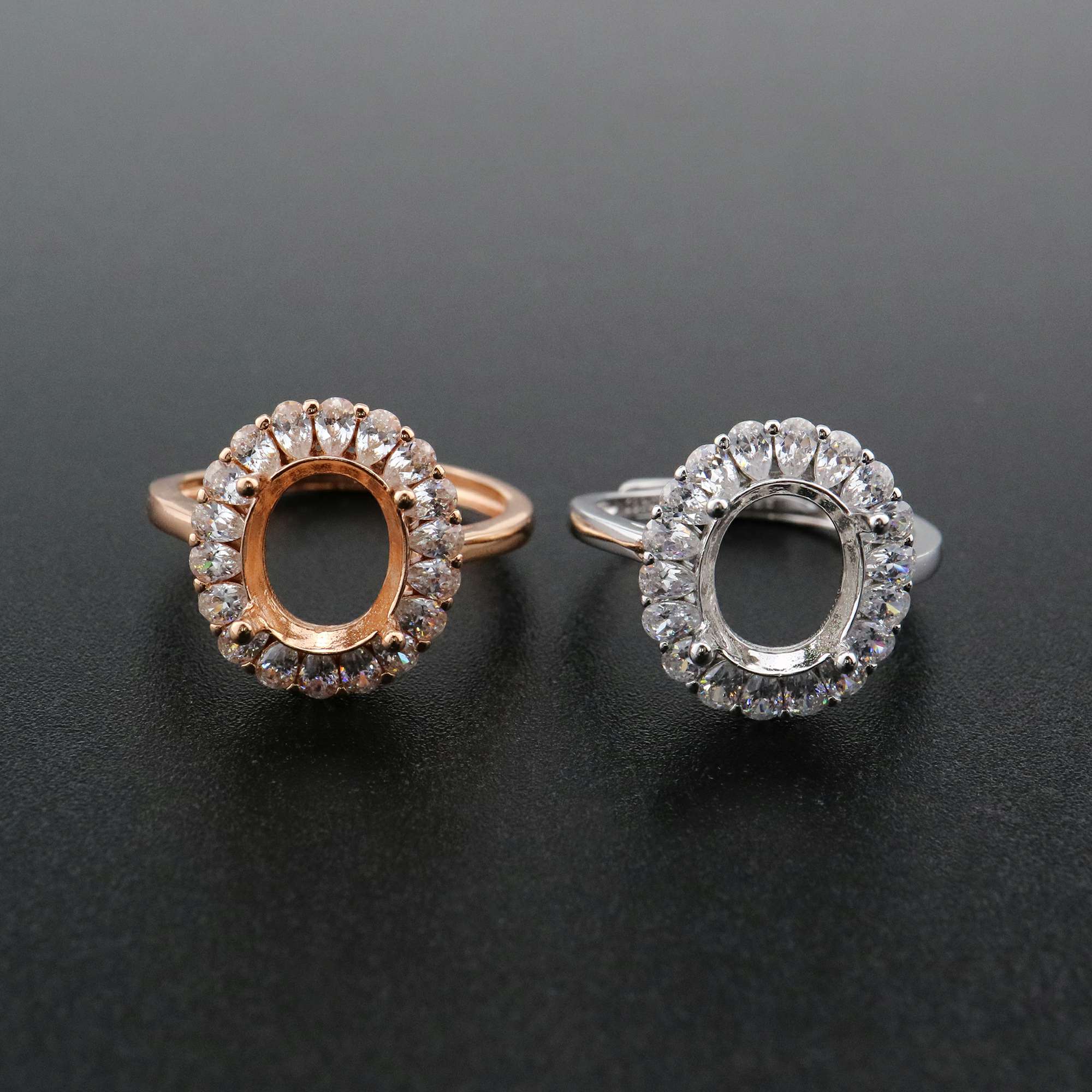 1Pcs 8x10MM Oval Bezel Pear Accents Halo Rose Gold Plated Solid 925 Sterling Silver Adjustable Prong Ring Settings Blank for Gemstone 1224036 - Click Image to Close