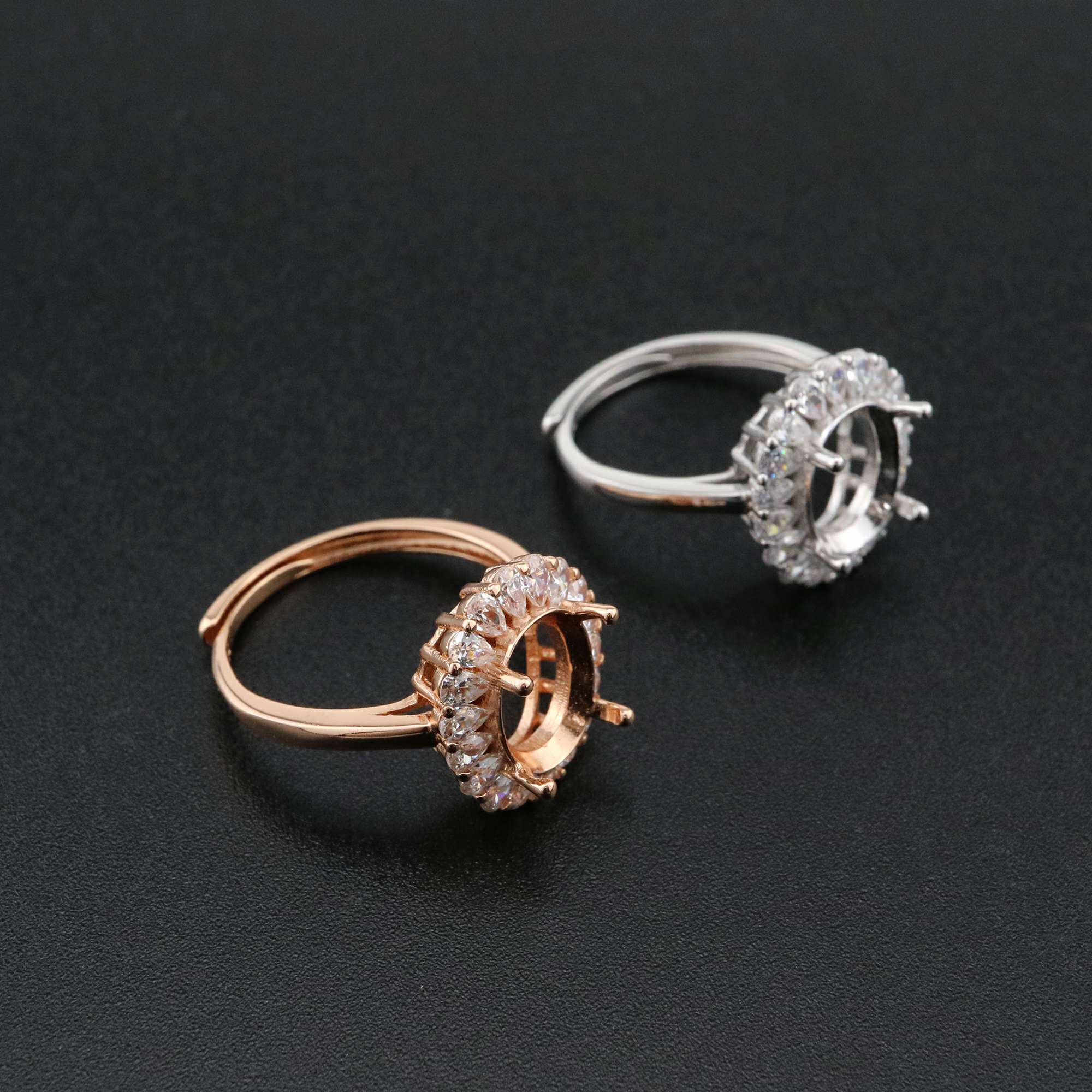 1Pcs 8x10MM Oval Bezel Pear Accents Halo Rose Gold Plated Solid 925 Sterling Silver Adjustable Prong Ring Settings Blank for Gemstone 1224036 - Click Image to Close