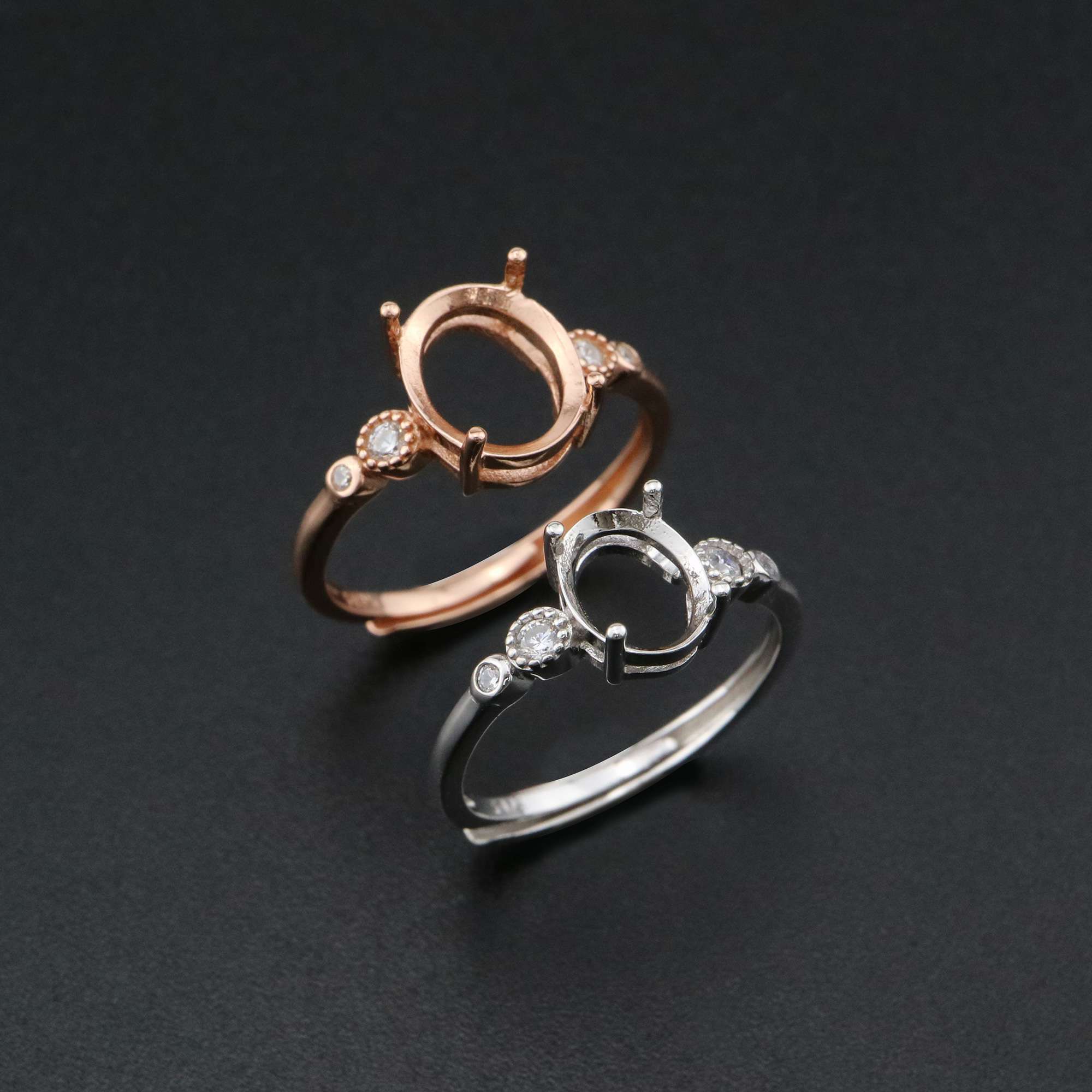 1Pcs Oval Prong Ring Settings Blank Adjustable Simple Rose Gold Plated Solid 925 Sterling Silver DIY Bezel for Gemstone 1224044 - Click Image to Close