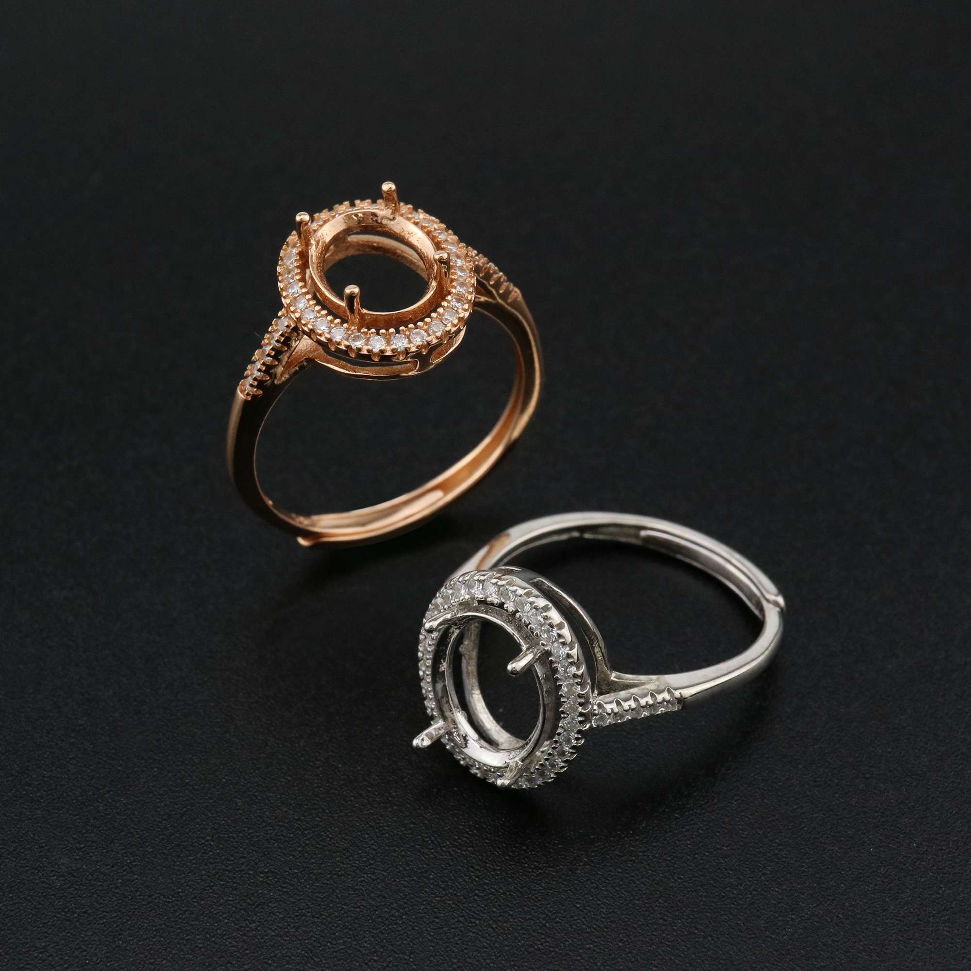 1Pcs Oval Prong Ring Settings Blank Adjustable Halo Pave CS Stone Rose Gold Plated Solid 925 Sterling Silver DIY Bezel for Gemstone 1224046 - Click Image to Close