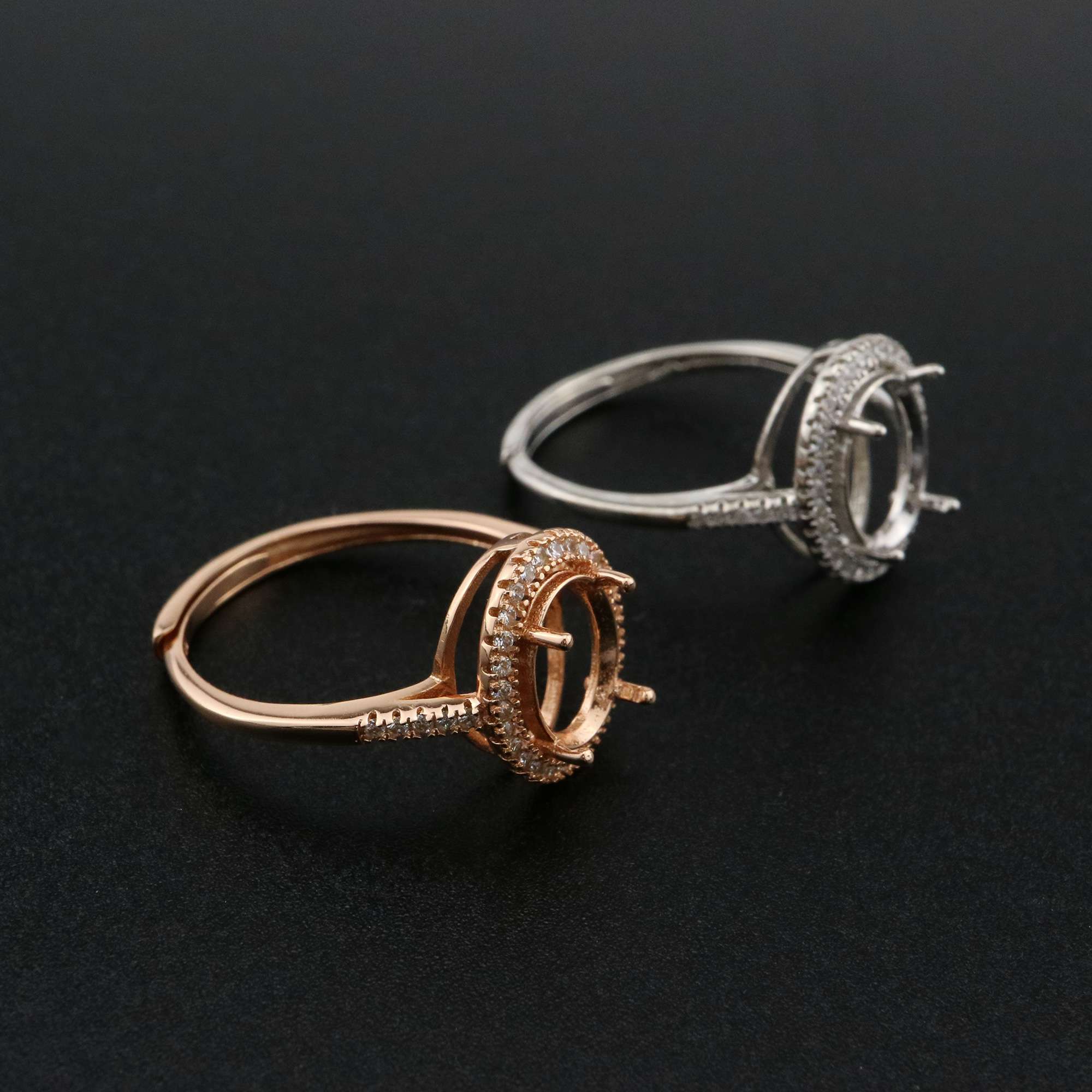 1Pcs Oval Prong Ring Settings Blank Adjustable Halo Pave CS Stone Rose Gold Plated Solid 925 Sterling Silver DIY Bezel for Gemstone 1224046 - Click Image to Close