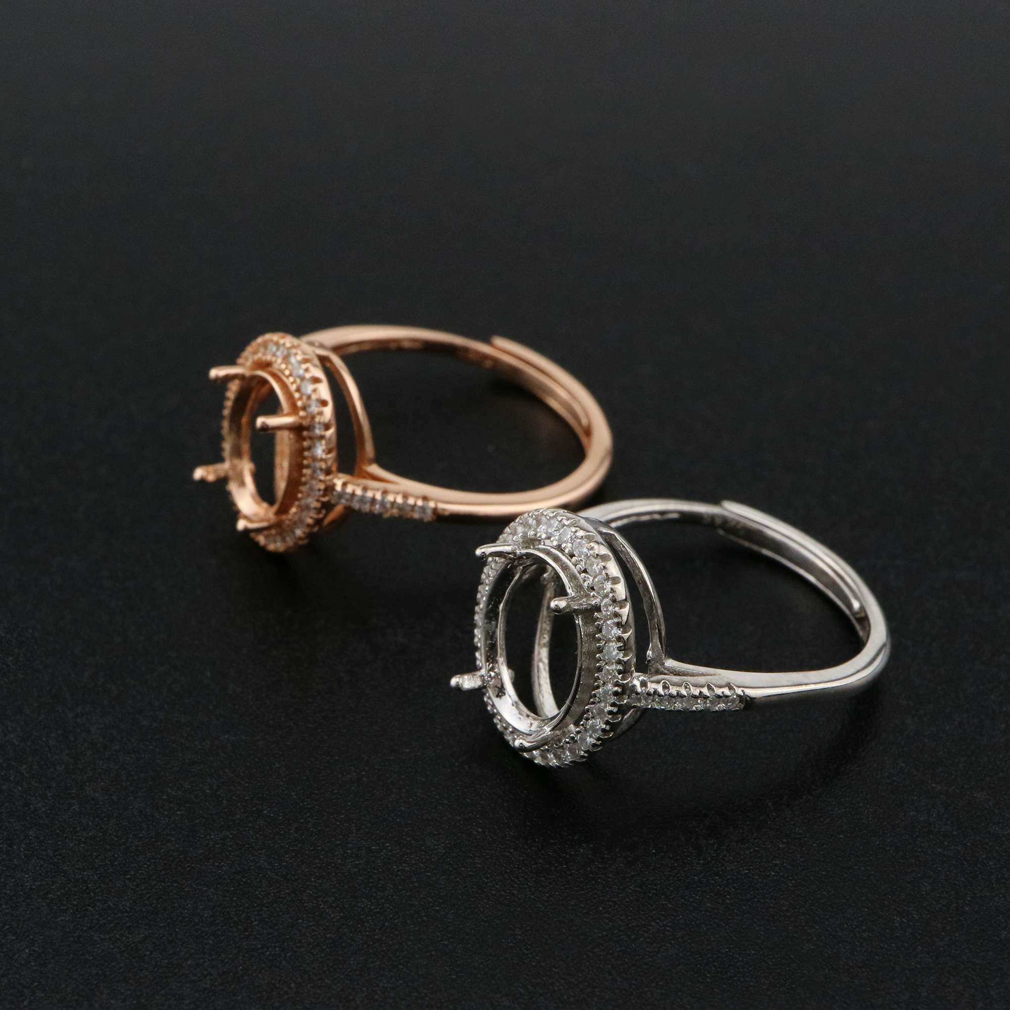 1Pcs Oval Prong Ring Settings Blank Adjustable Halo Pave CS Stone Rose Gold Plated Solid 925 Sterling Silver DIY Bezel for Gemstone 1224046 - Click Image to Close