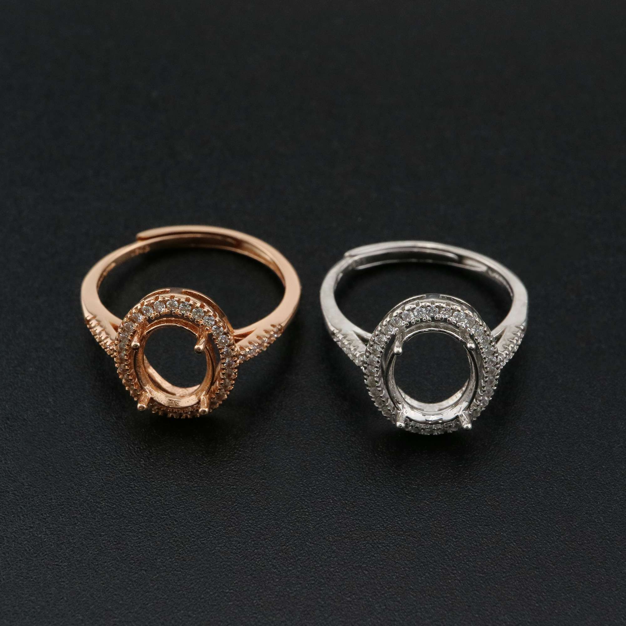 1Pcs Oval Prong Ring Settings Blank Adjustable Halo Pave CS Stone Rose Gold Plated Solid 925 Sterling Silver DIY Bezel for Gemstone 1224046 - Click Image to Close