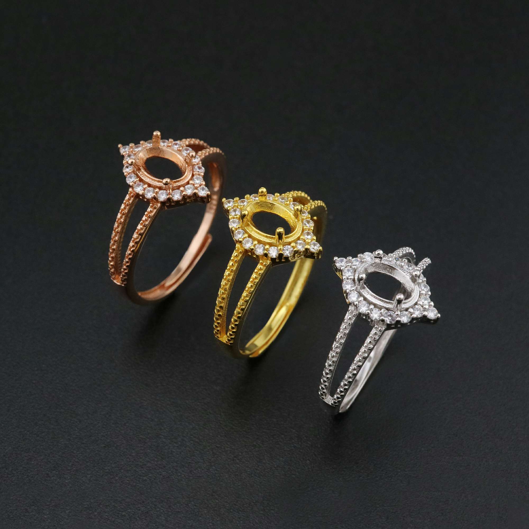 1Pcs 4x6MM Oval Prong Ring Settings Adjustable Vinatge Style Gold Plated Solid 925 Sterling Silver Bezel Tray for Gemstone 1224048 - Click Image to Close