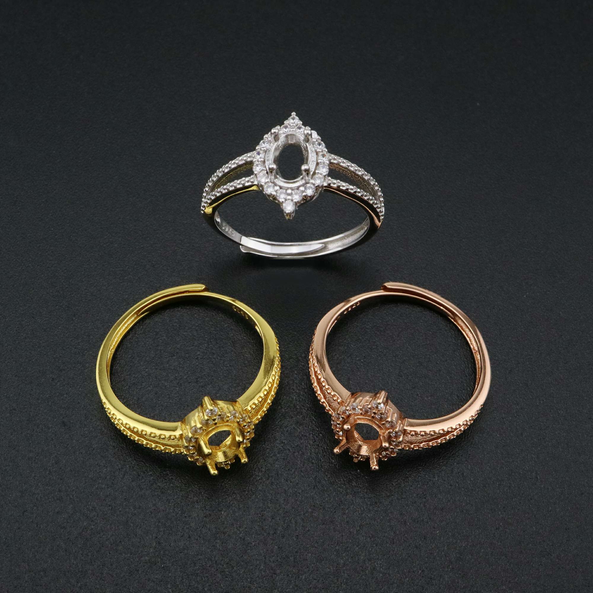 1Pcs 4x6MM Oval Prong Ring Settings Adjustable Vinatge Style Gold Plated Solid 925 Sterling Silver Bezel Tray for Gemstone 1224048 - Click Image to Close