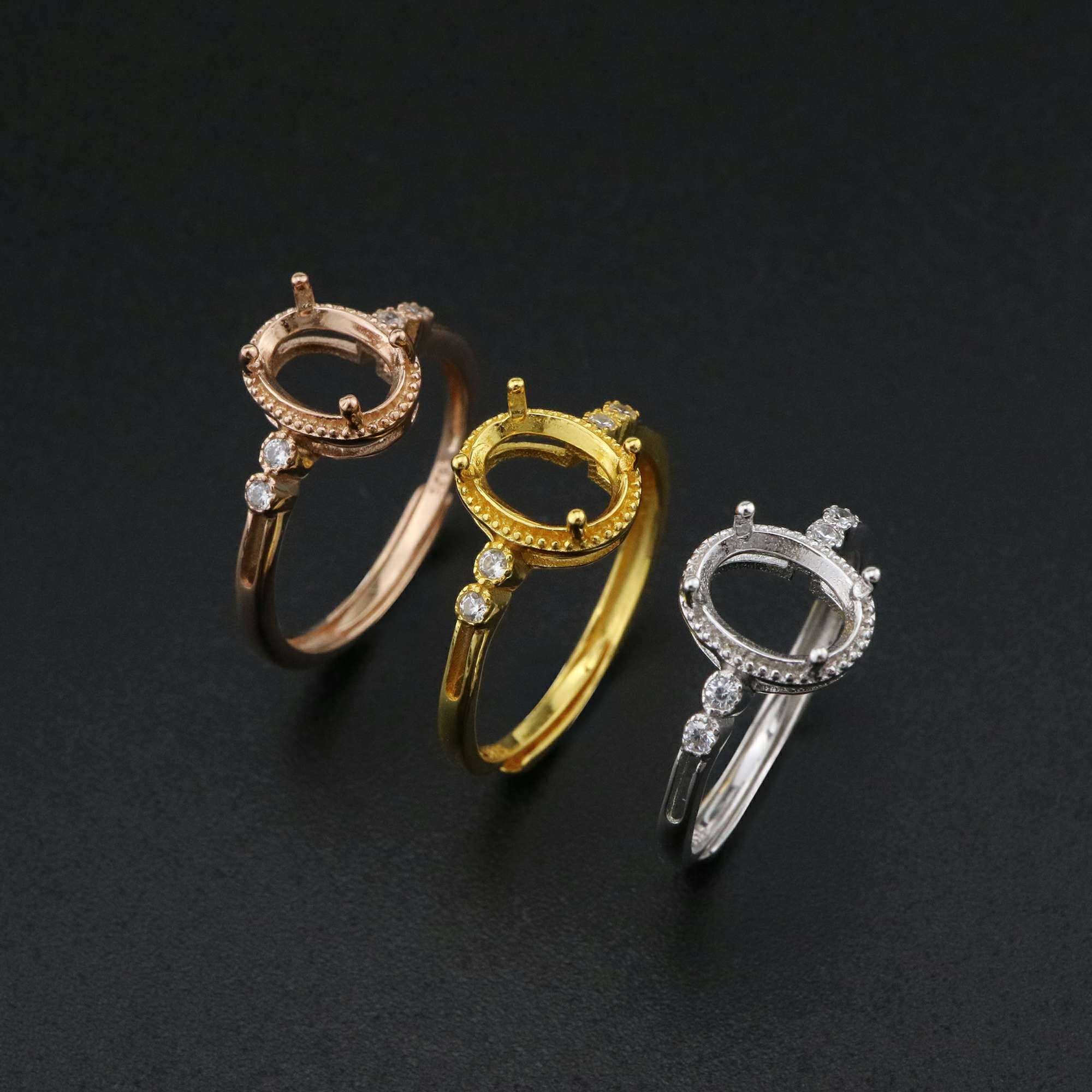 1Pcs 6x8MM Oval Prong Ring Settings Adjustable Vinatge Style Gold Plated Solid 925 Sterling Silver Bezel Tray for Gemstone 1224049 - Click Image to Close