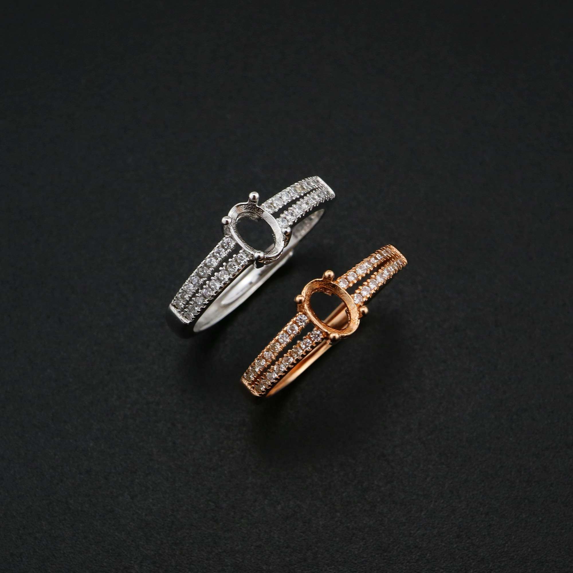 1Pcs 4x6MM Oval Prong Ring Settings Adjustable Pave Shank Rose Gold Plated Solid 925 Sterling Silver Bezel Tray for Gemstone 1224056 - Click Image to Close