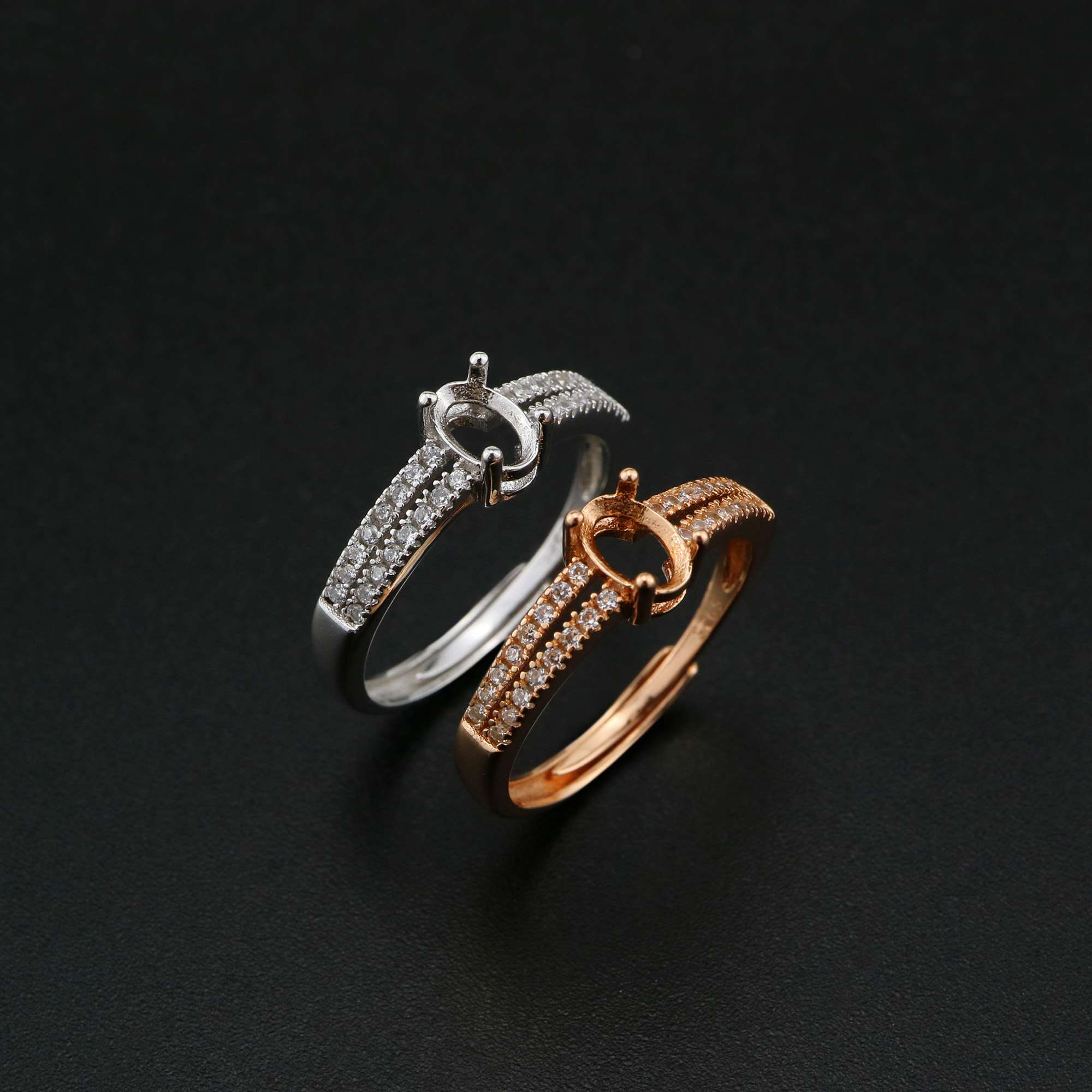 1Pcs 4x6MM Oval Prong Ring Settings Adjustable Pave Shank Rose Gold Plated Solid 925 Sterling Silver Bezel Tray for Gemstone 1224056 - Click Image to Close