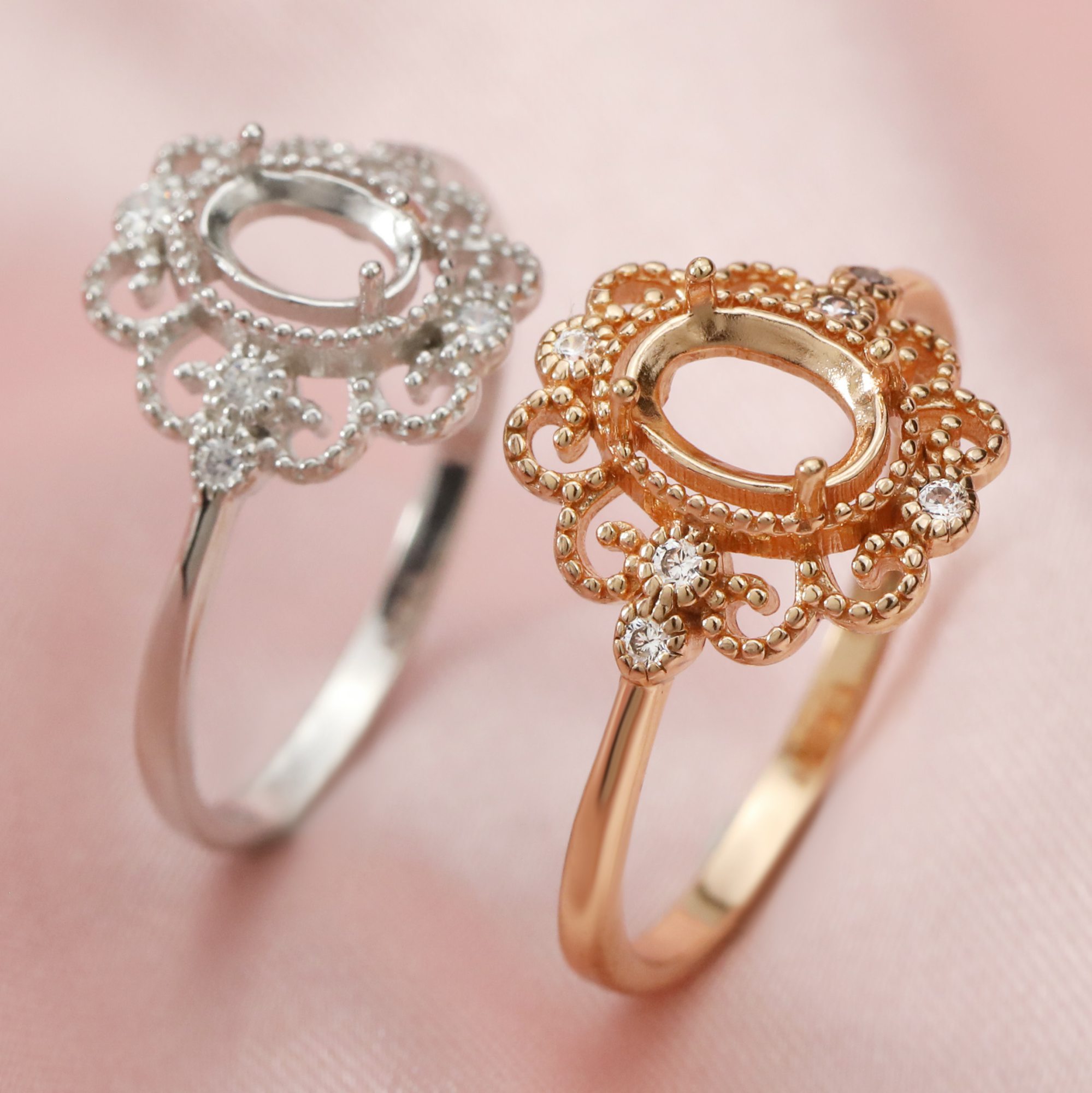 Keepsake Breast Milk Art Deco Oval Prongs Ring Settings Resin Solid 14K Gold with Moissanite Accents DIY Flower Ring Blank Band 1224066-1