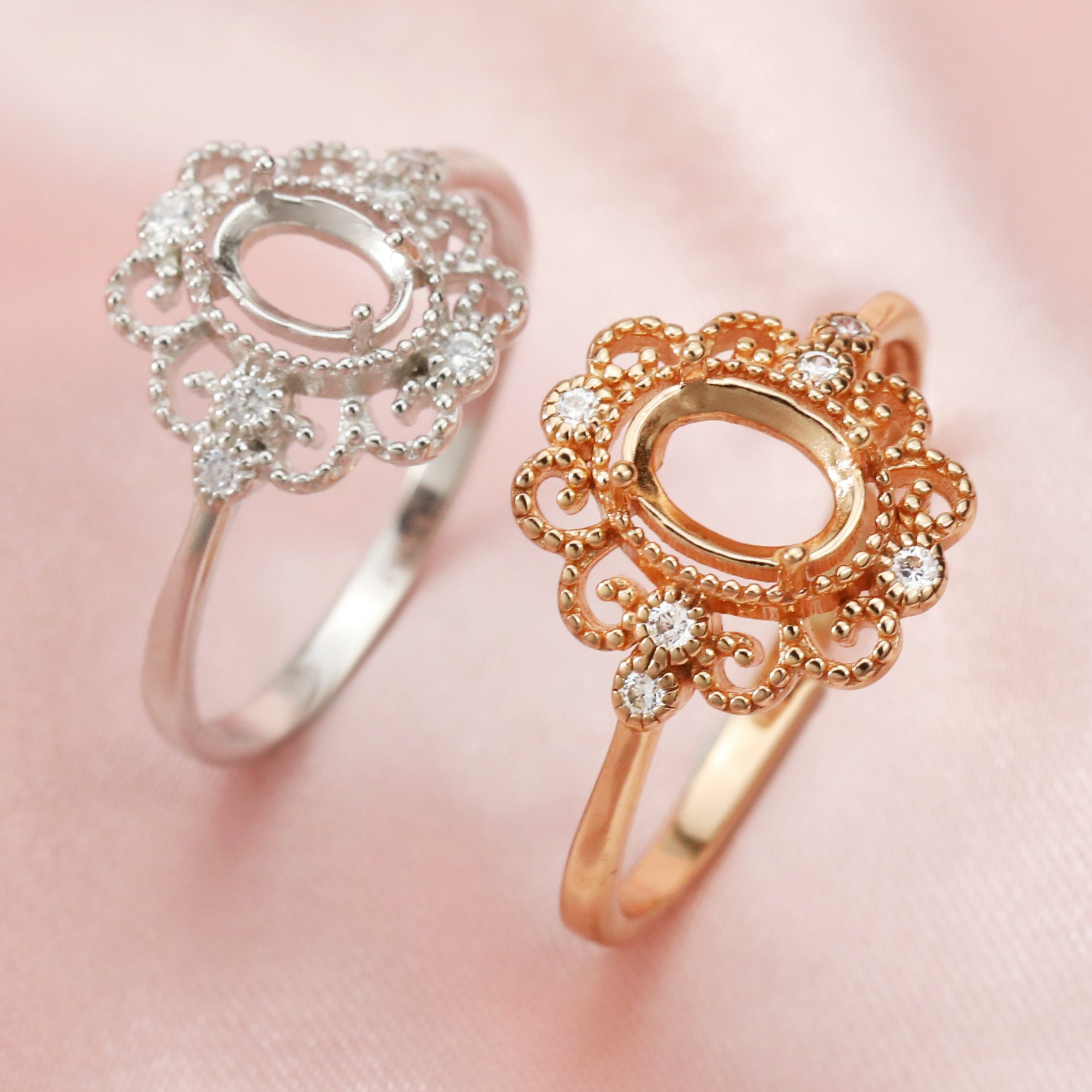 Keepsake Breast Milk Art Deco Oval Prongs Ring Settings Resin Solid 14K Gold with Moissanite Accents DIY Flower Ring Blank Band 1224066-1