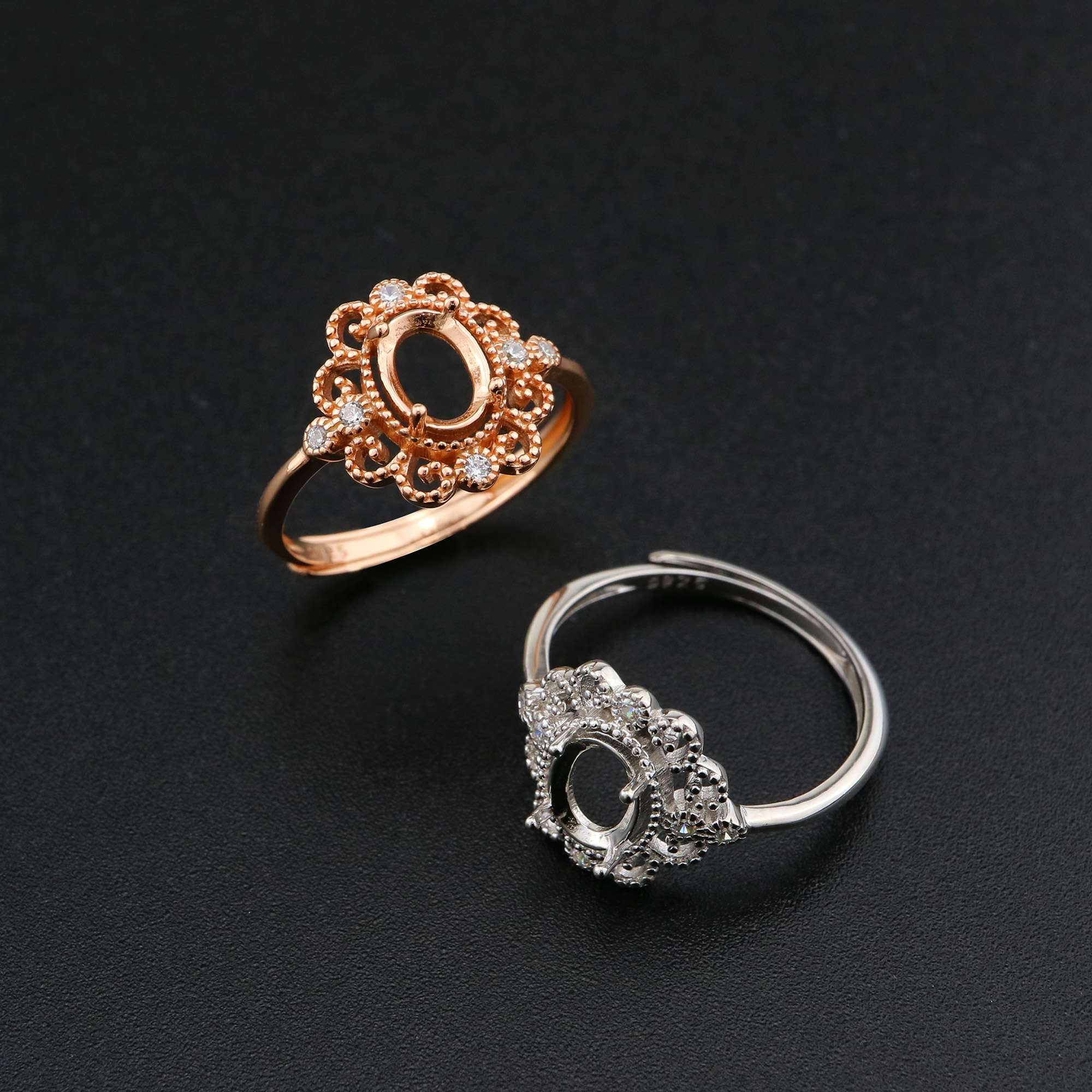 1Pcs Oval Ring Settings Adjustable for Gemstone Rose Gold Plated Solid 925 Sterling Silver DIY Bezel Tray Supplies 1224066 - Click Image to Close