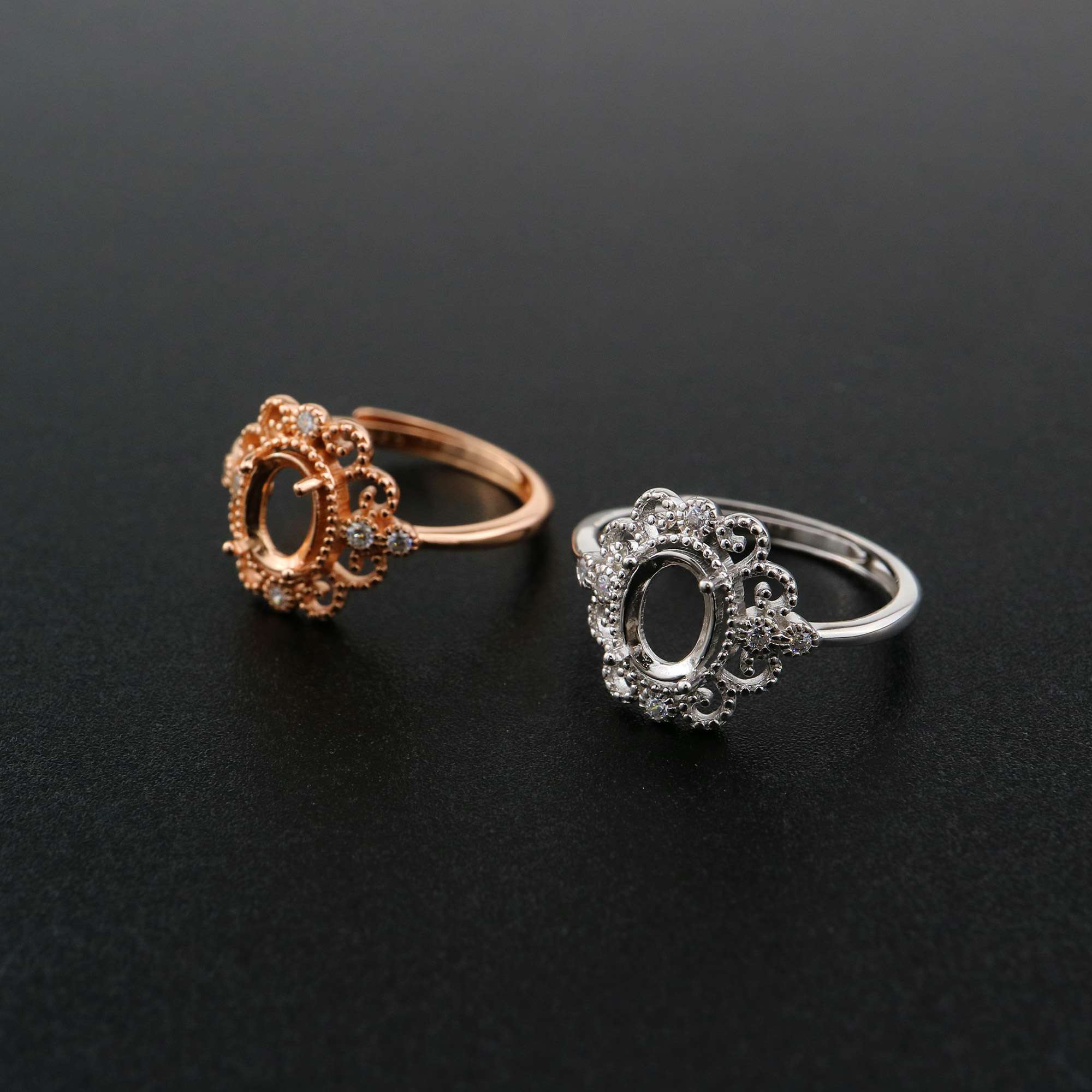 1Pcs Oval Ring Settings Adjustable for Gemstone Rose Gold Plated Solid 925 Sterling Silver DIY Bezel Tray Supplies 1224066 - Click Image to Close