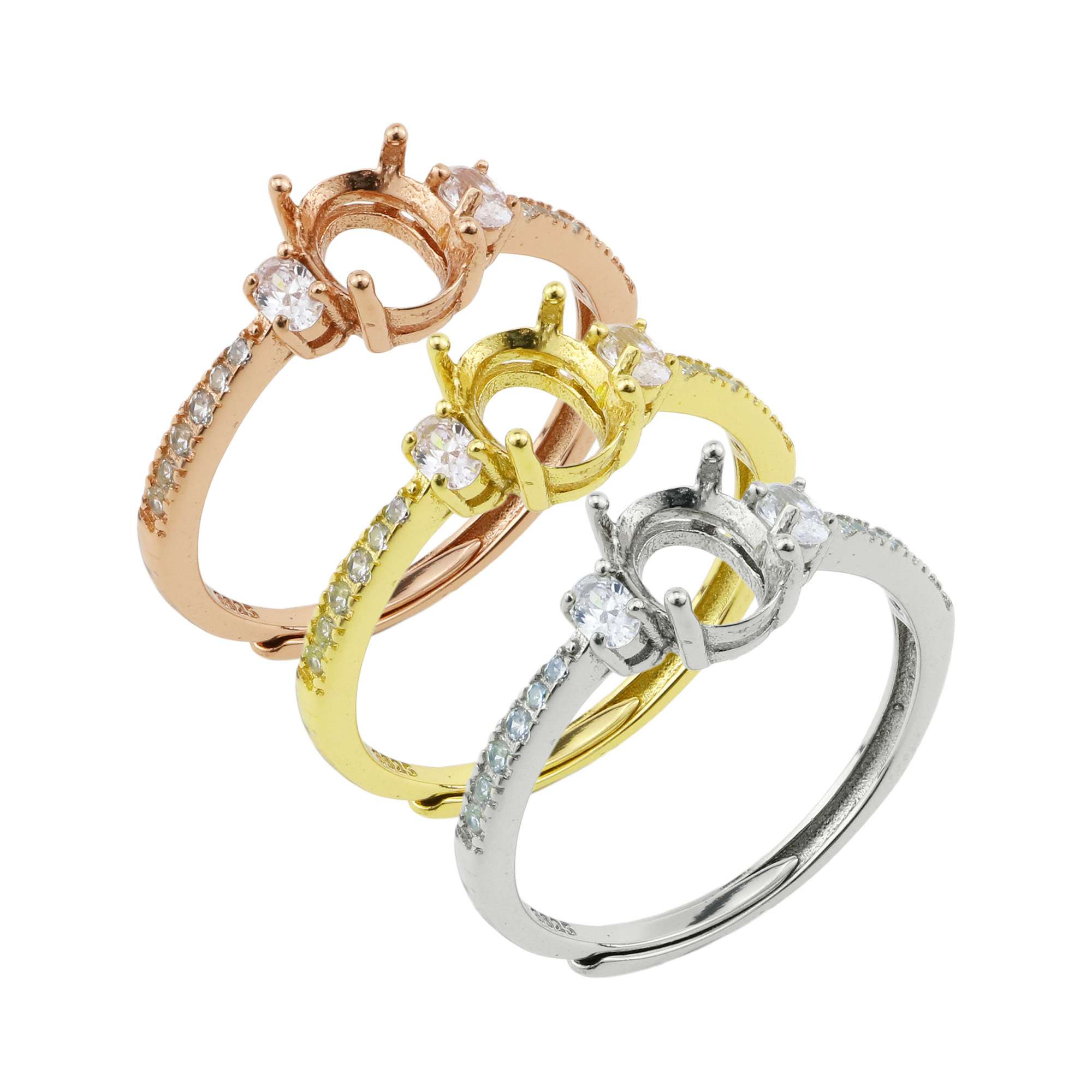 5x7MM Oval Prong Ring Settings Three Stone Solid 925 Sterling Silver Rose Gold Plated DIY Adjustable Ring Bezel for Gemstone 1224068 - Click Image to Close
