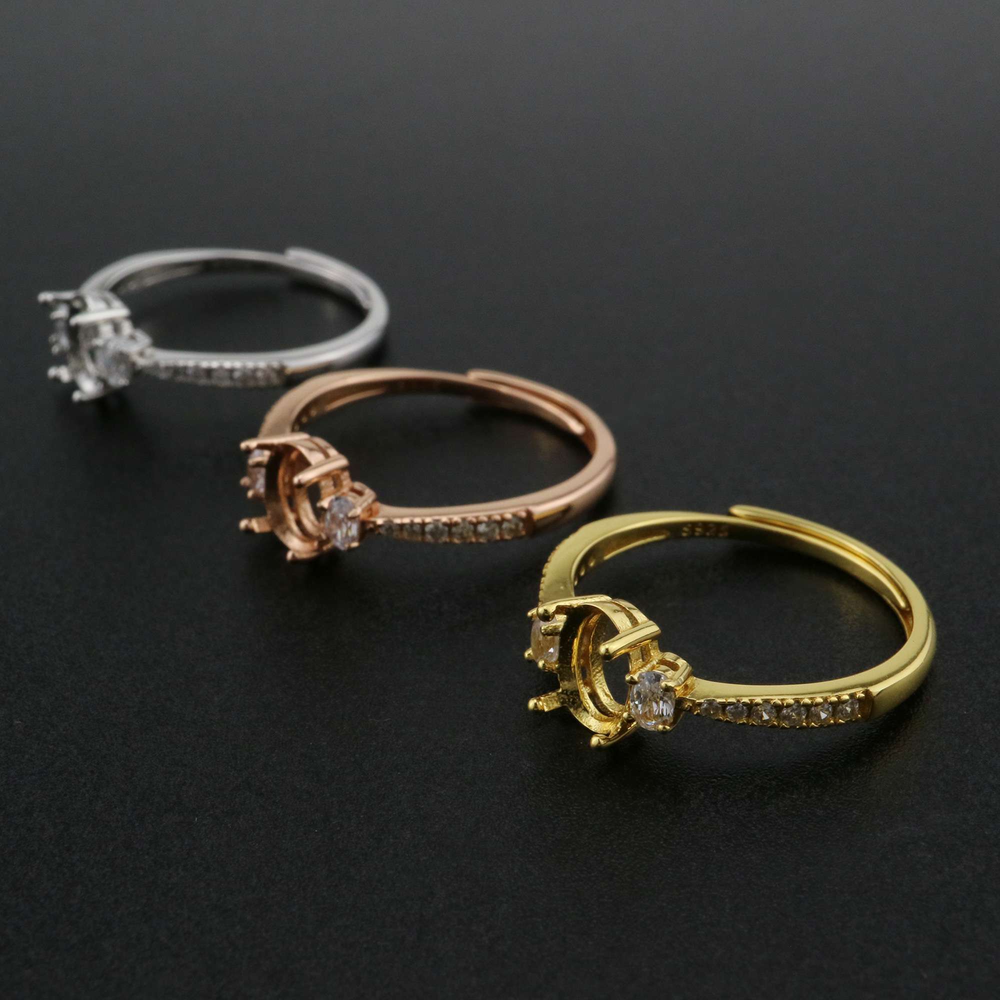 5x7MM Oval Prong Ring Settings Three Stone Solid 925 Sterling Silver Rose Gold Plated DIY Adjustable Ring Bezel for Gemstone 1224068 - Click Image to Close
