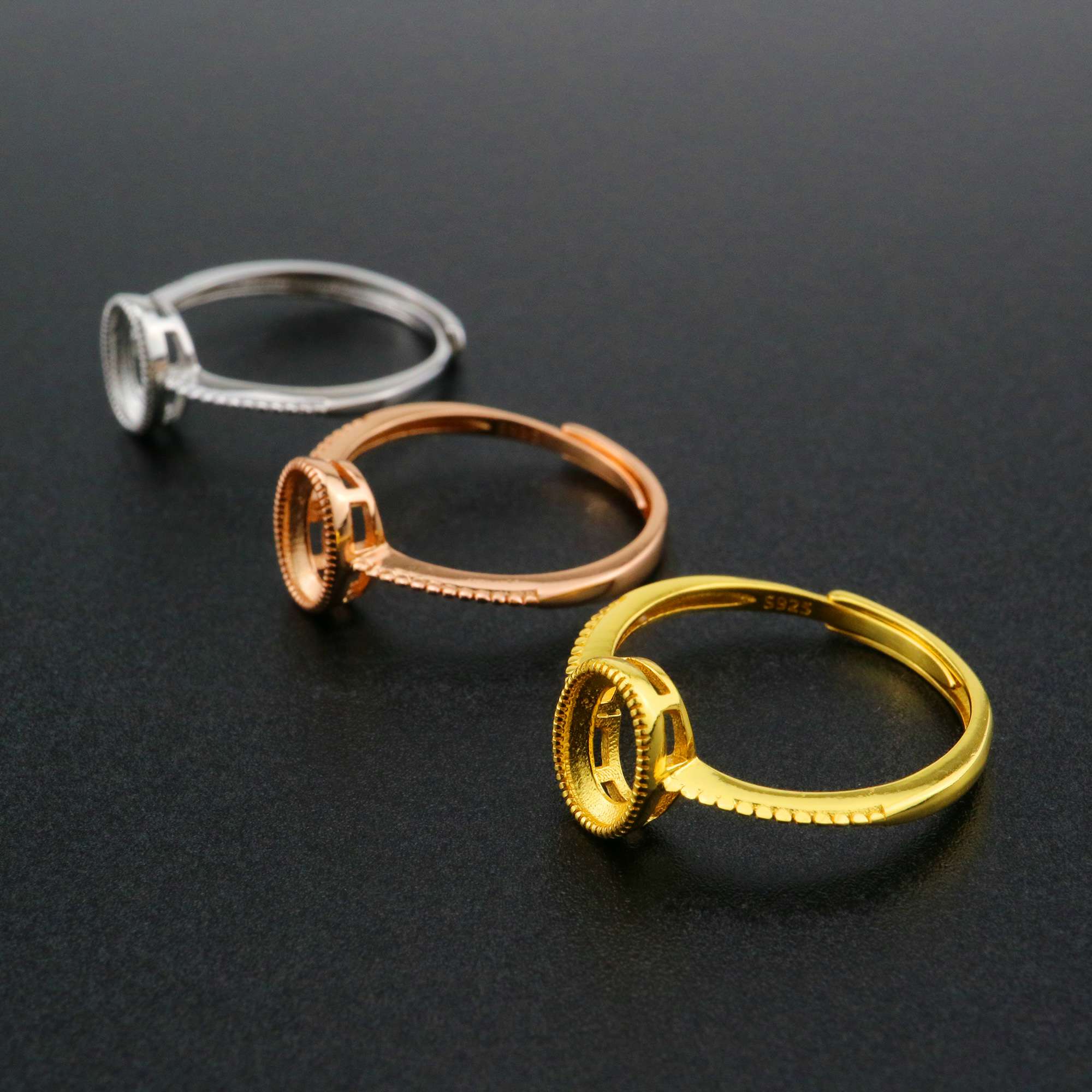 5x7MM Oval Bezel Ring Settings Antiqued Style Solid 925 Sterling Silver Rose Gold Plated DIY Adjustable Ring for Gemstone 1224070 - Click Image to Close