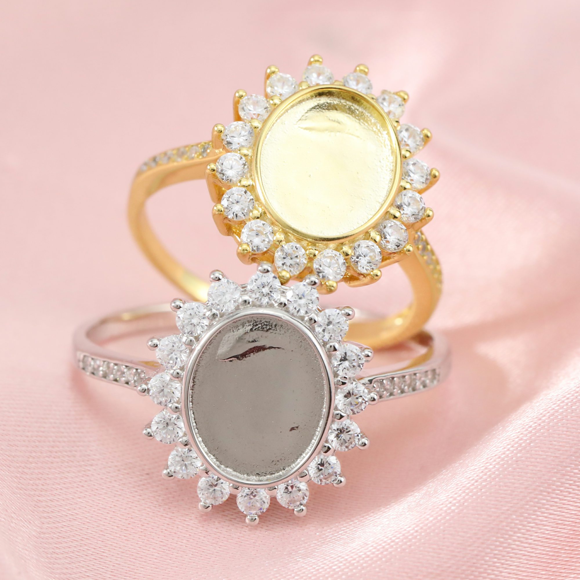 8x10MM Halo Oval Prong Ring Setttings Breast Milk Resin Memory Jewelry Solid 14K 18K Gold DIY Ring Blank Wedding Band with Moissanite 1224073-1