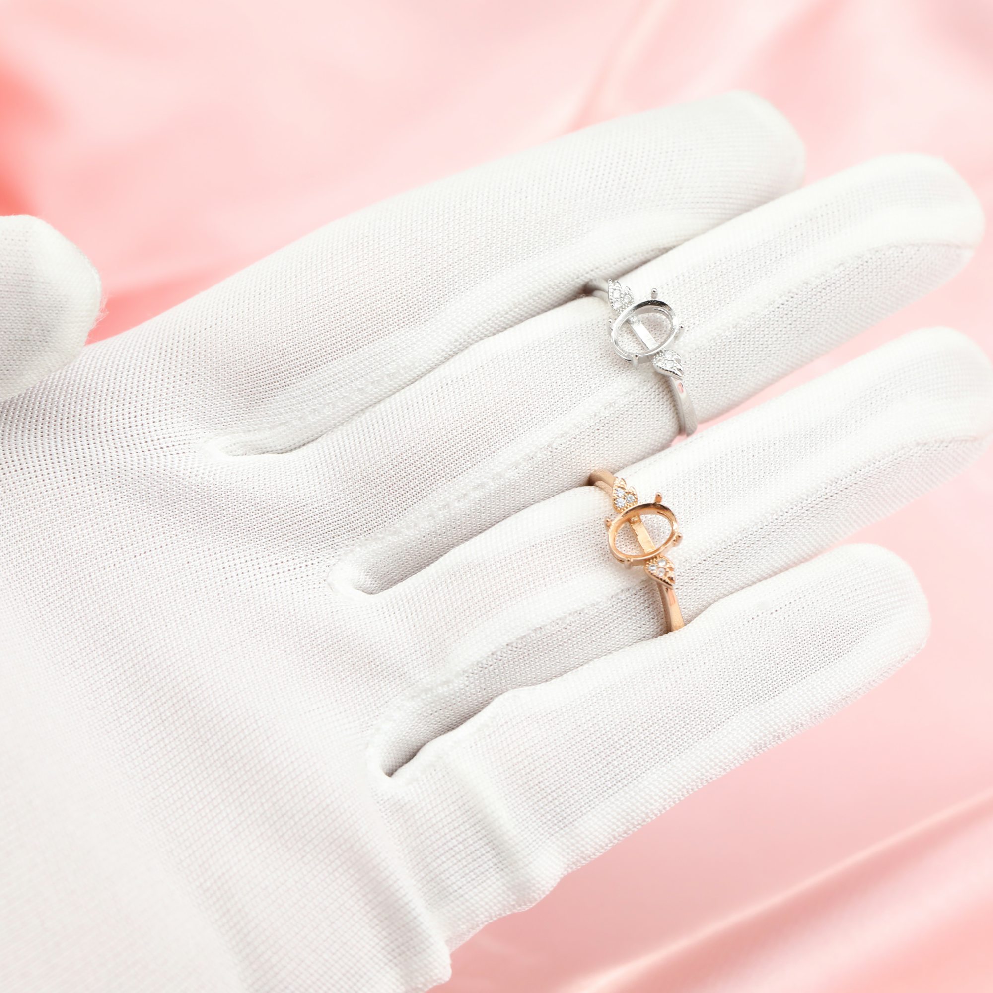Oval Prong Ring Settings Angel Wings Solid 14K/18K Gold Ring with Moissanite Accents DIY Gemstone Ring Bezel 1224074-1