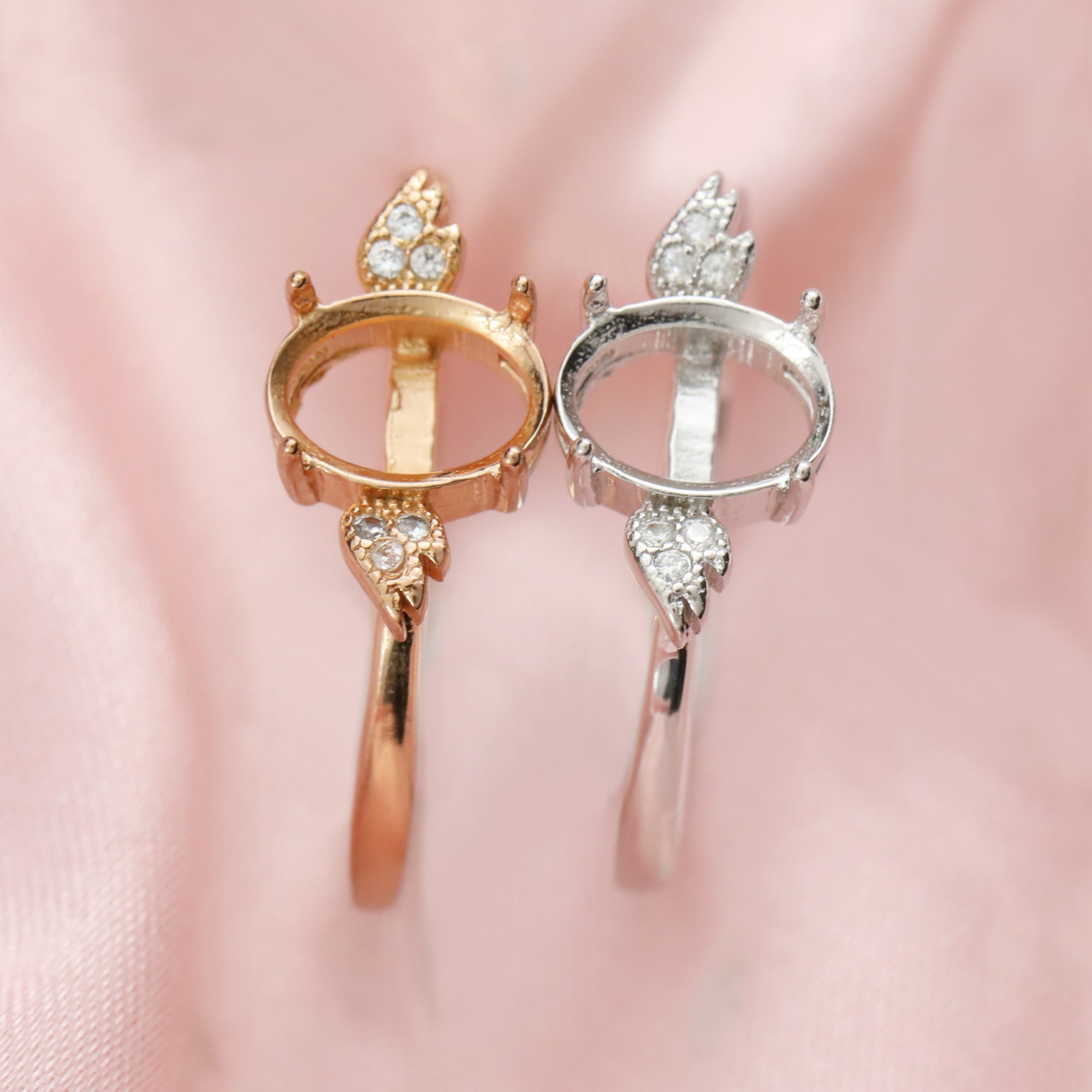 Oval Prong Ring Settings Angel Wings Solid 14K/18K Gold Ring with Moissanite Accents DIY Gemstone Ring Bezel 1224074-1