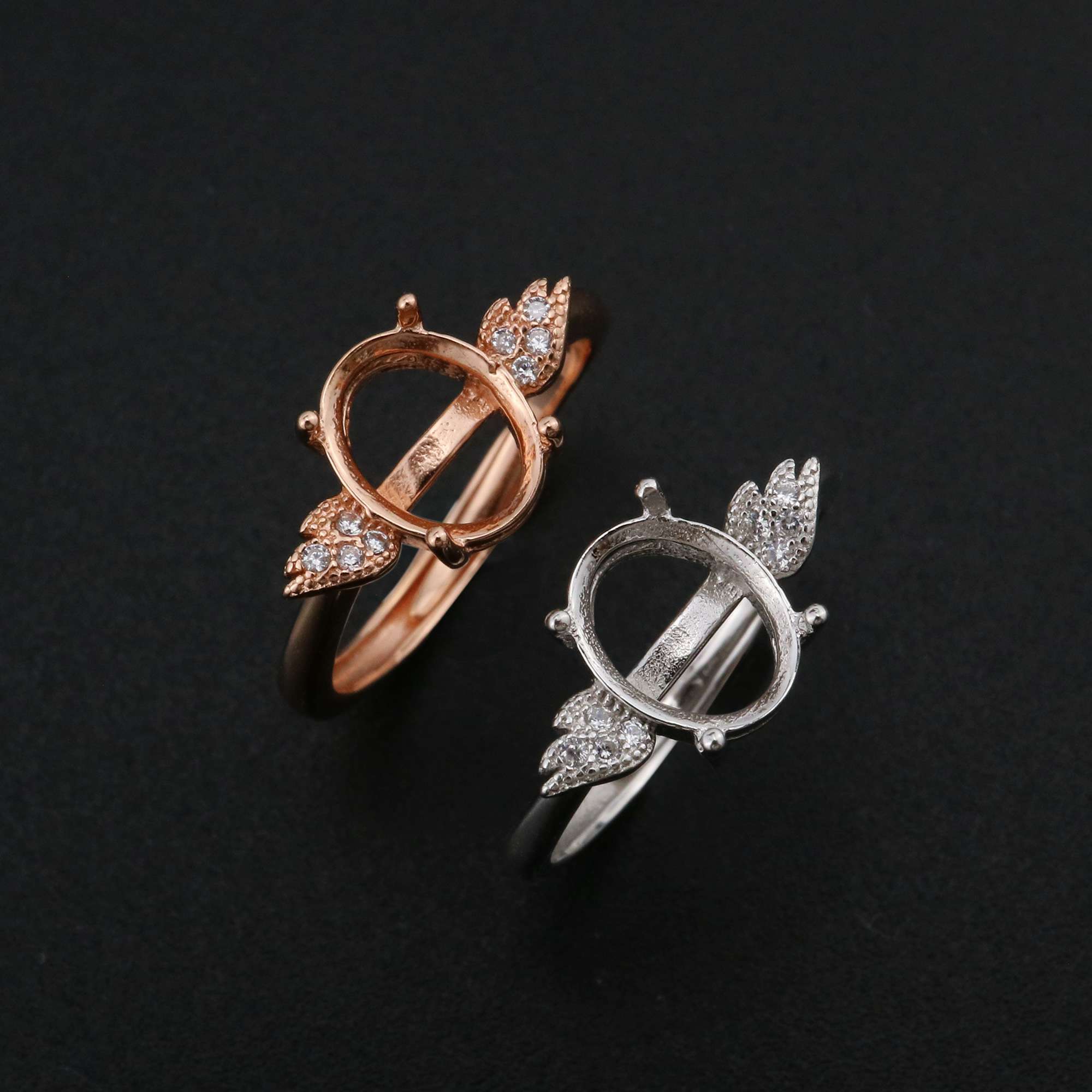 Oval Prong Ring Settings Solid 925 Sterling Silver Rose Gold Plated Angel Wing Adjustable Ring Bezel DIY Supplies 1224074 - Click Image to Close