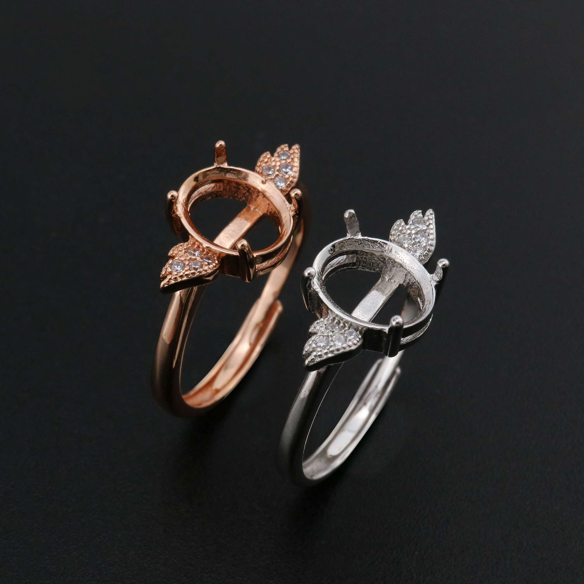 Oval Prong Ring Settings Solid 925 Sterling Silver Rose Gold Plated Angel Wing Adjustable Ring Bezel DIY Supplies 1224074 - Click Image to Close