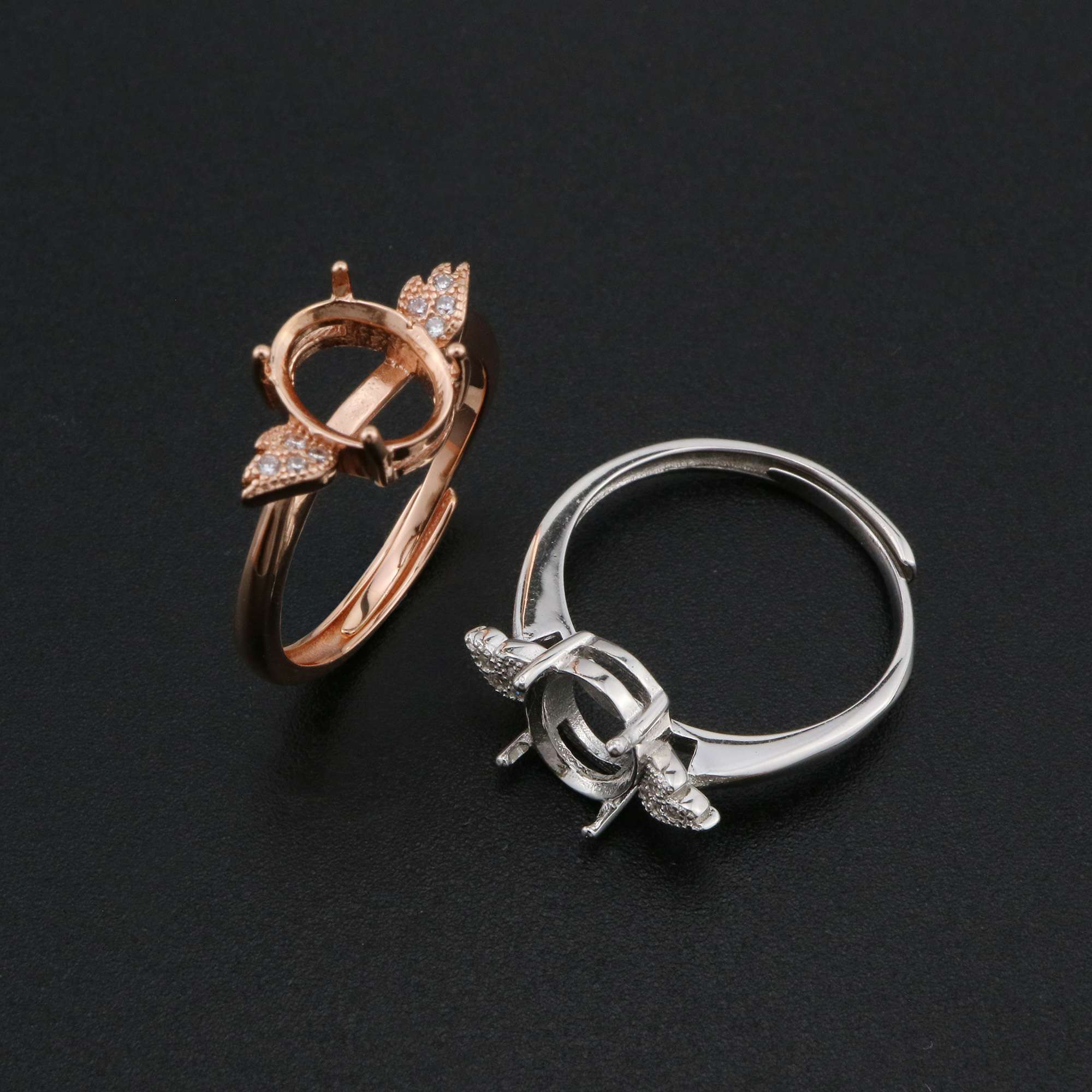 Oval Prong Ring Settings Solid 925 Sterling Silver Rose Gold Plated Angel Wing Adjustable Ring Bezel DIY Supplies 1224074 - Click Image to Close