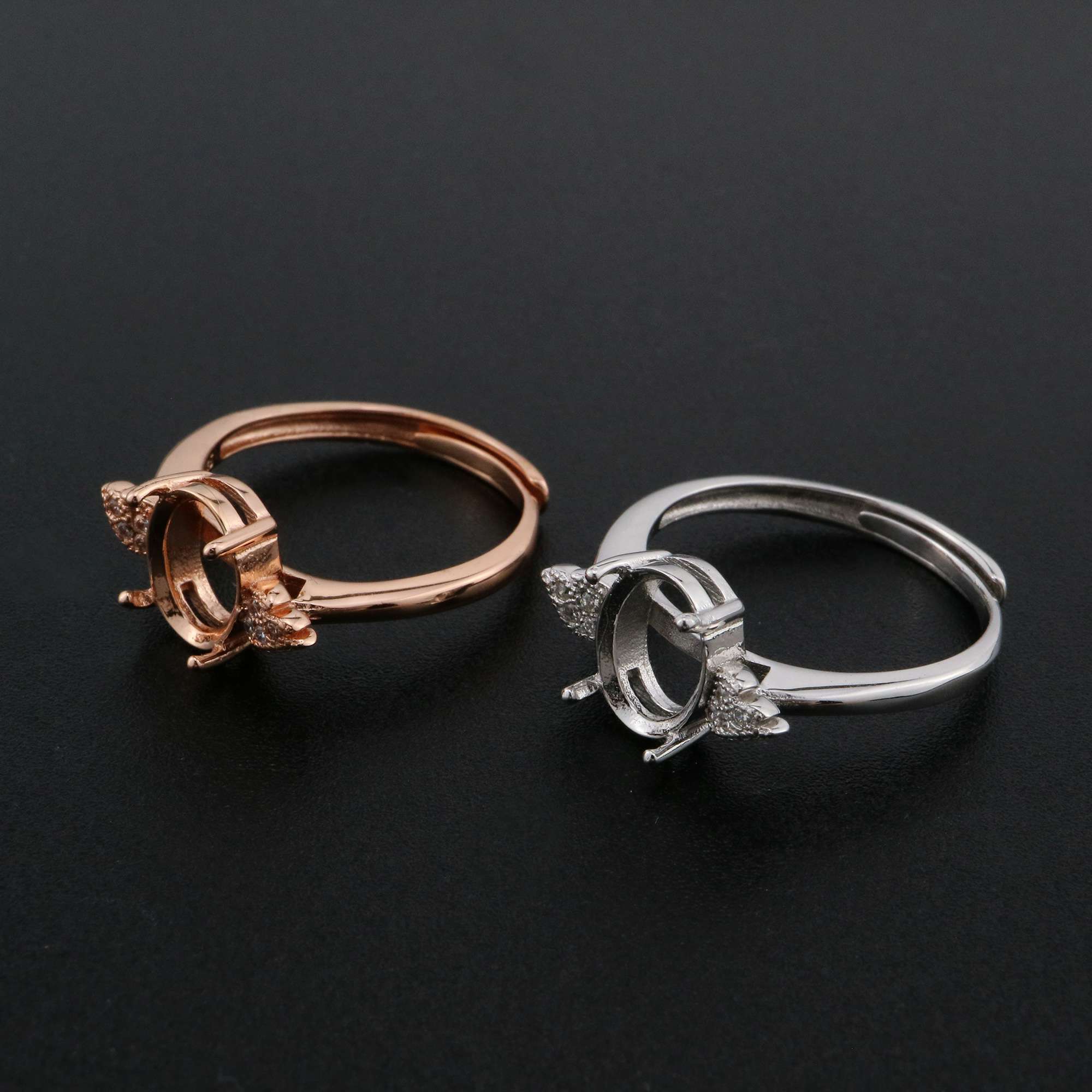 Oval Prong Ring Settings Solid 925 Sterling Silver Rose Gold Plated Angel Wing Adjustable Ring Bezel DIY Supplies 1224074 - Click Image to Close