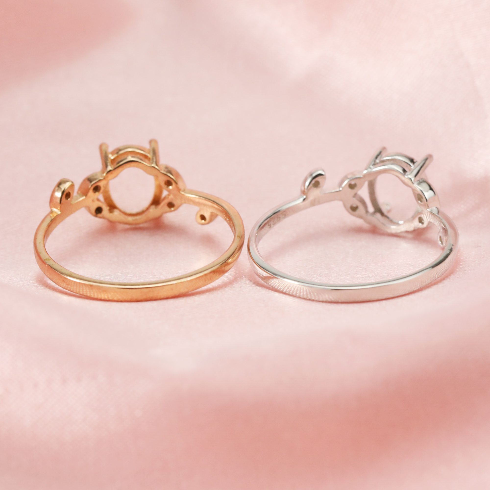 6x8MM Keepsake Breast Milk Oval Prong Ring Settings Resin Solid 14K Gold Moissanite Accents DIY Flower Ring Blank Band for Gemstone 1224091-1