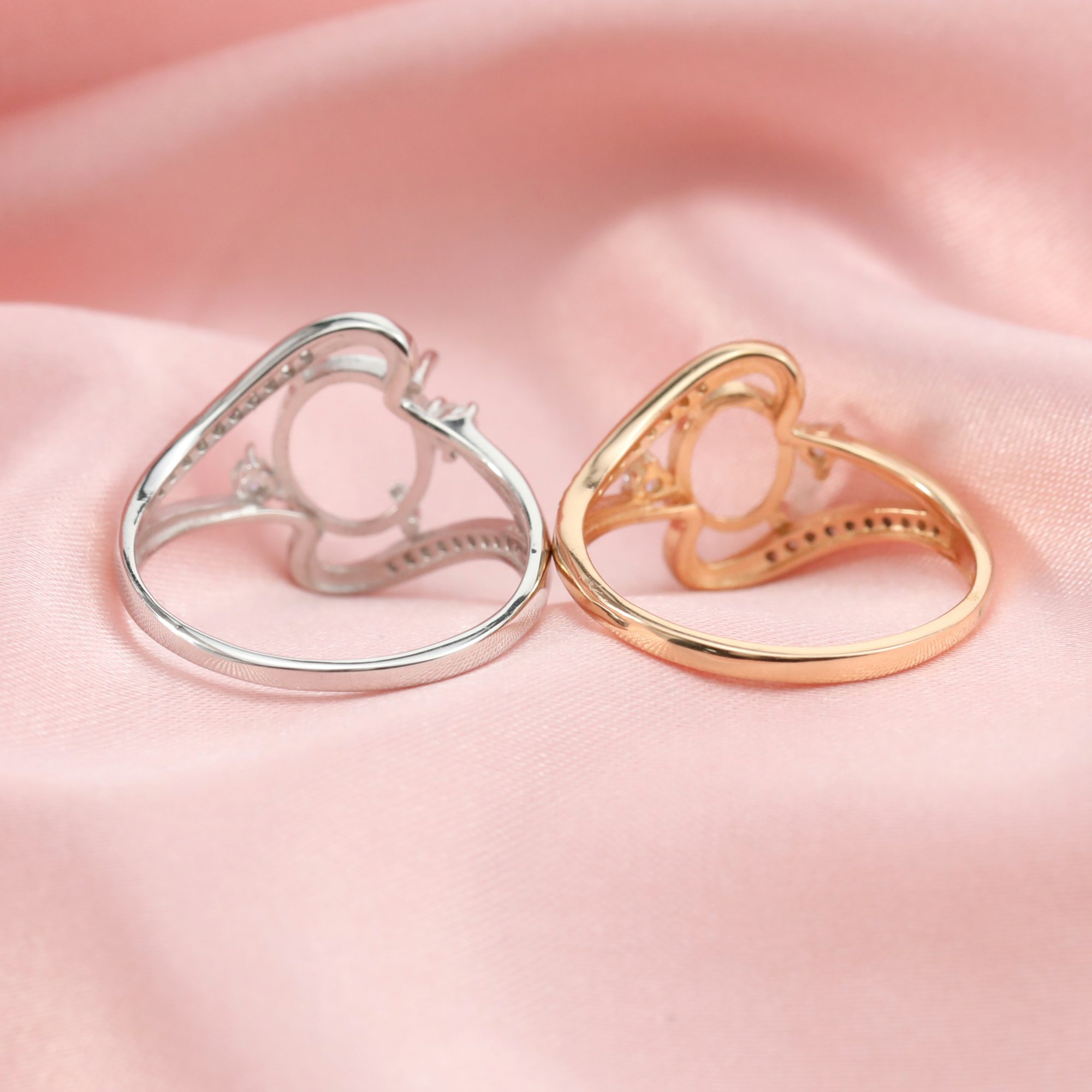 Oval Prong Ring Settings Bypass Solid 14K/18K Gold Ring with Moissanite Accents DIY Gemstone Ring Bezel 1224107-1