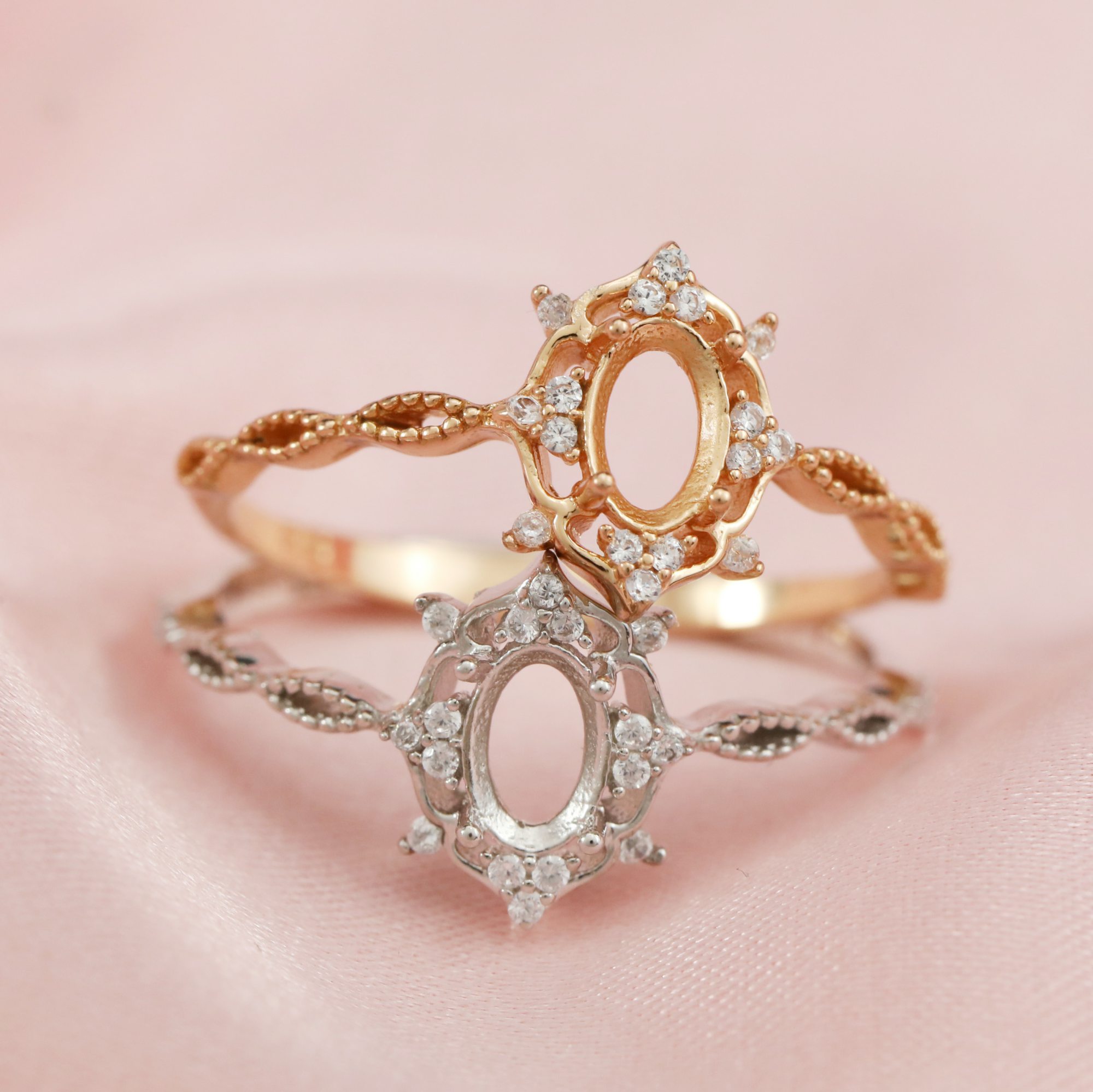 4x6MM Oval Prong Ring Settings Art Deco Solid 14K/18K Gold Ring with Moissanite Accents DIY Gemstone Ring Bezel 1224109-1