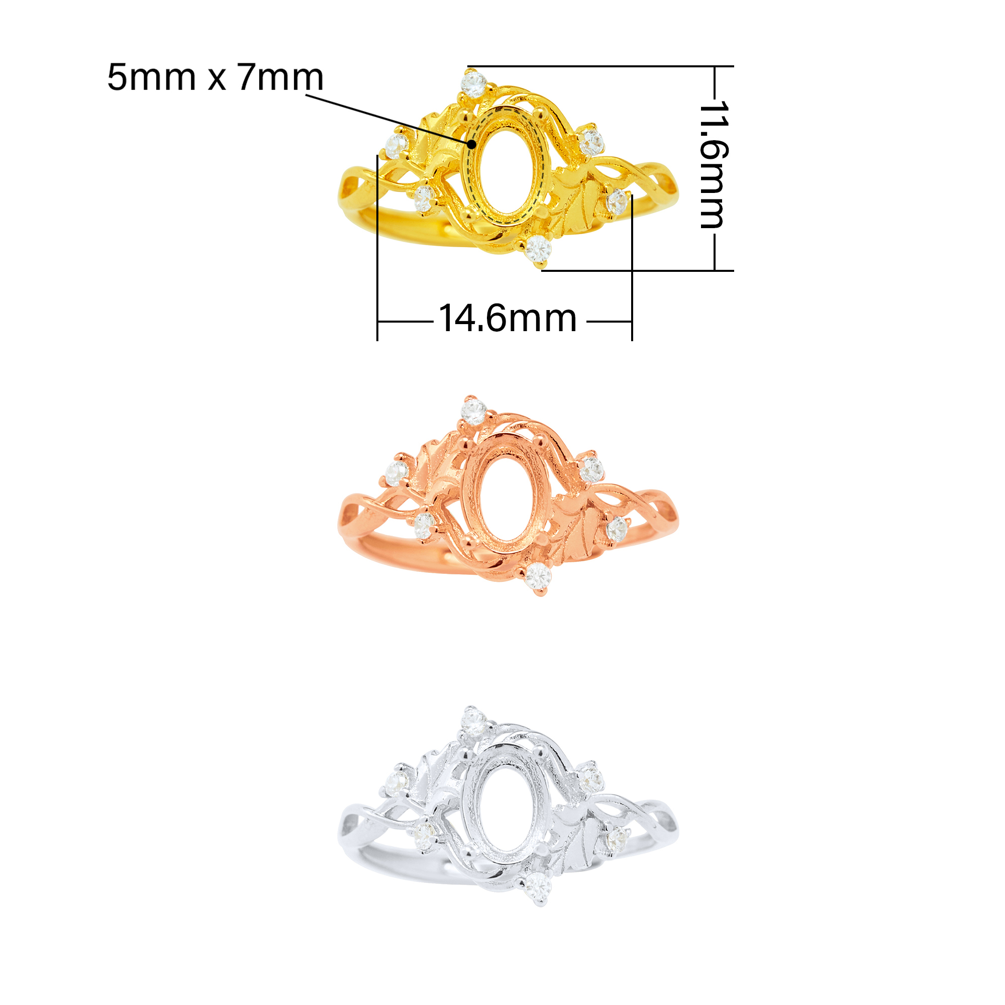 5x7MM Oval Prong Ring Settings,Tree Branch Leaf Solid 925 Sterling Silver Rose Gold Plated Ring,DIY Ring Supplies For Gemstone 1224224 - Click Image to Close