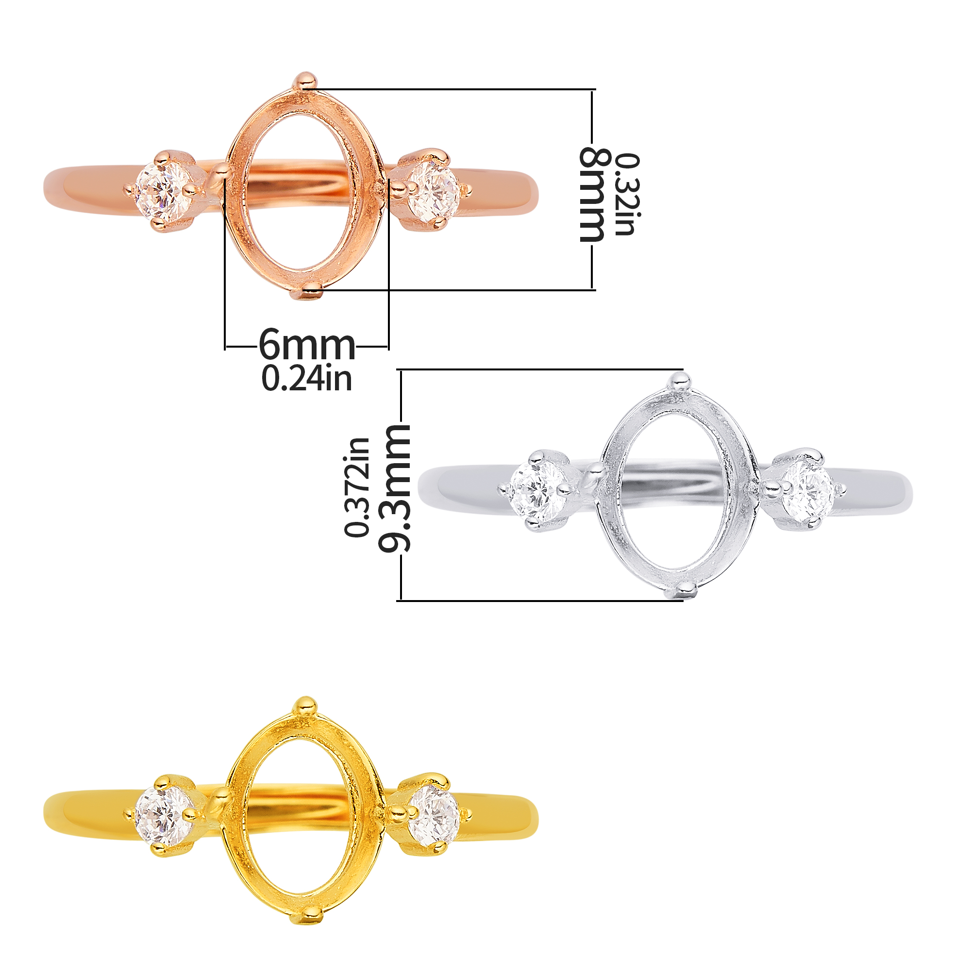 6x8MM Oval prongss Ring Settings,Solid 925 Sterling Silver Rose Gold Plated Three Stone Ring,DIY Ring Supplies For Gemstone 1224228 - Click Image to Close