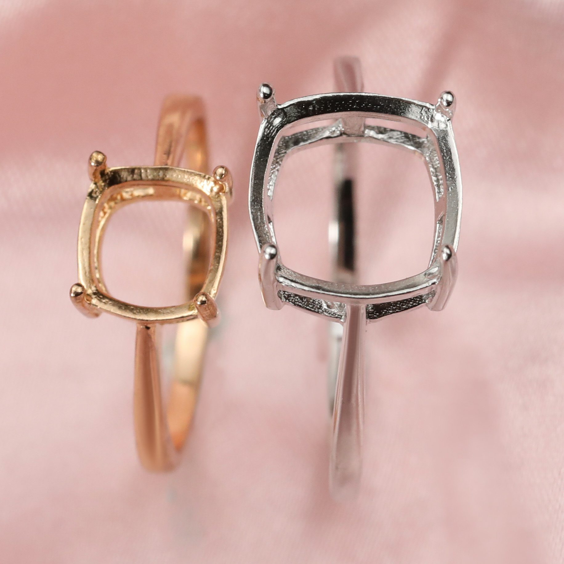 5-15MM Square Cushion Solid 14K Rose Gold 4 Prong Bezel Adjustable Ring Settings for DIY Gemstone Moissanite Diamond 1294106-1