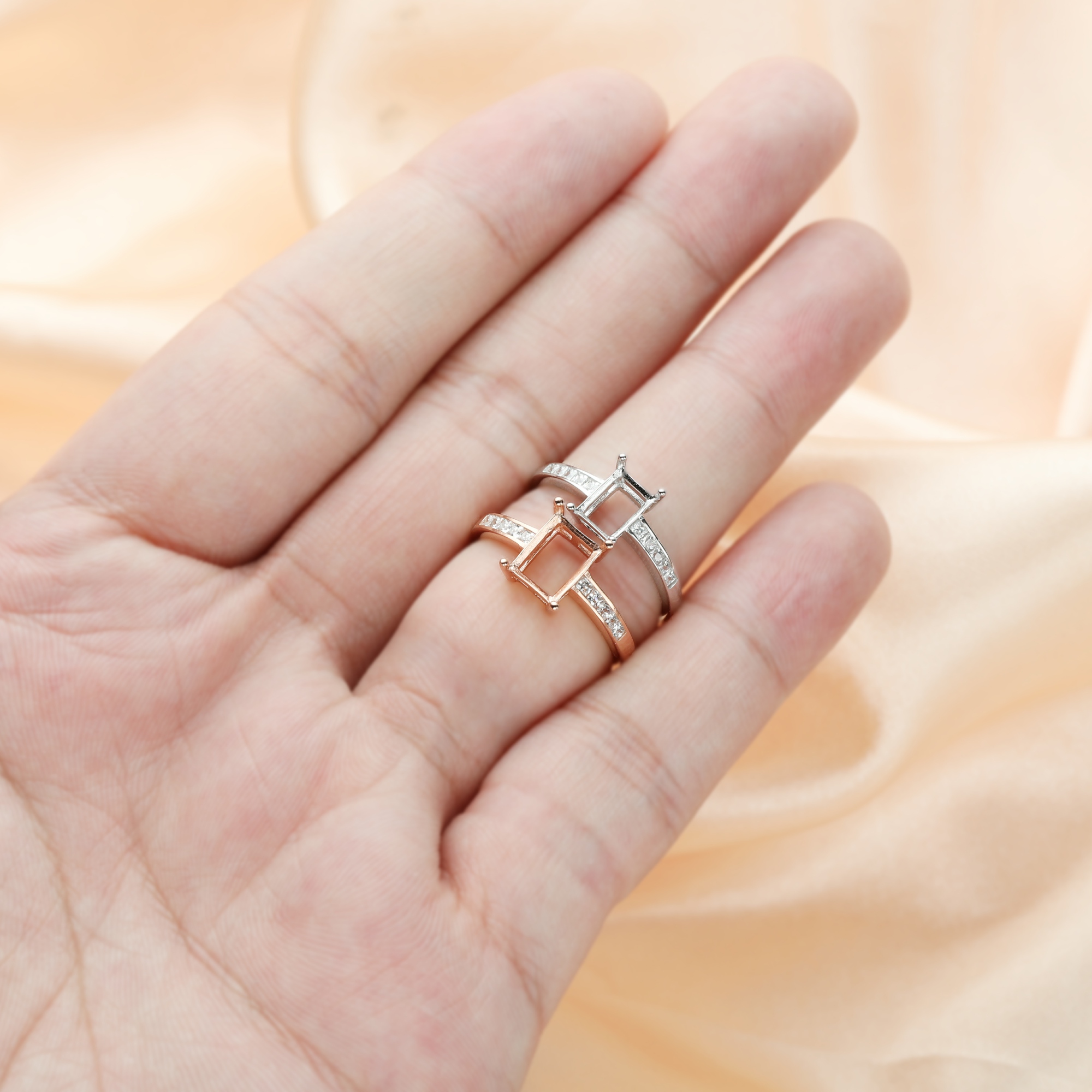 1Pcs Multiple Sizes Rectangle Rose Gold Silver Tiny Gems Cz Stone Prong Bezel Solid 925 Sterling Silver Adjustable Ring Settings 1294132 - Click Image to Close