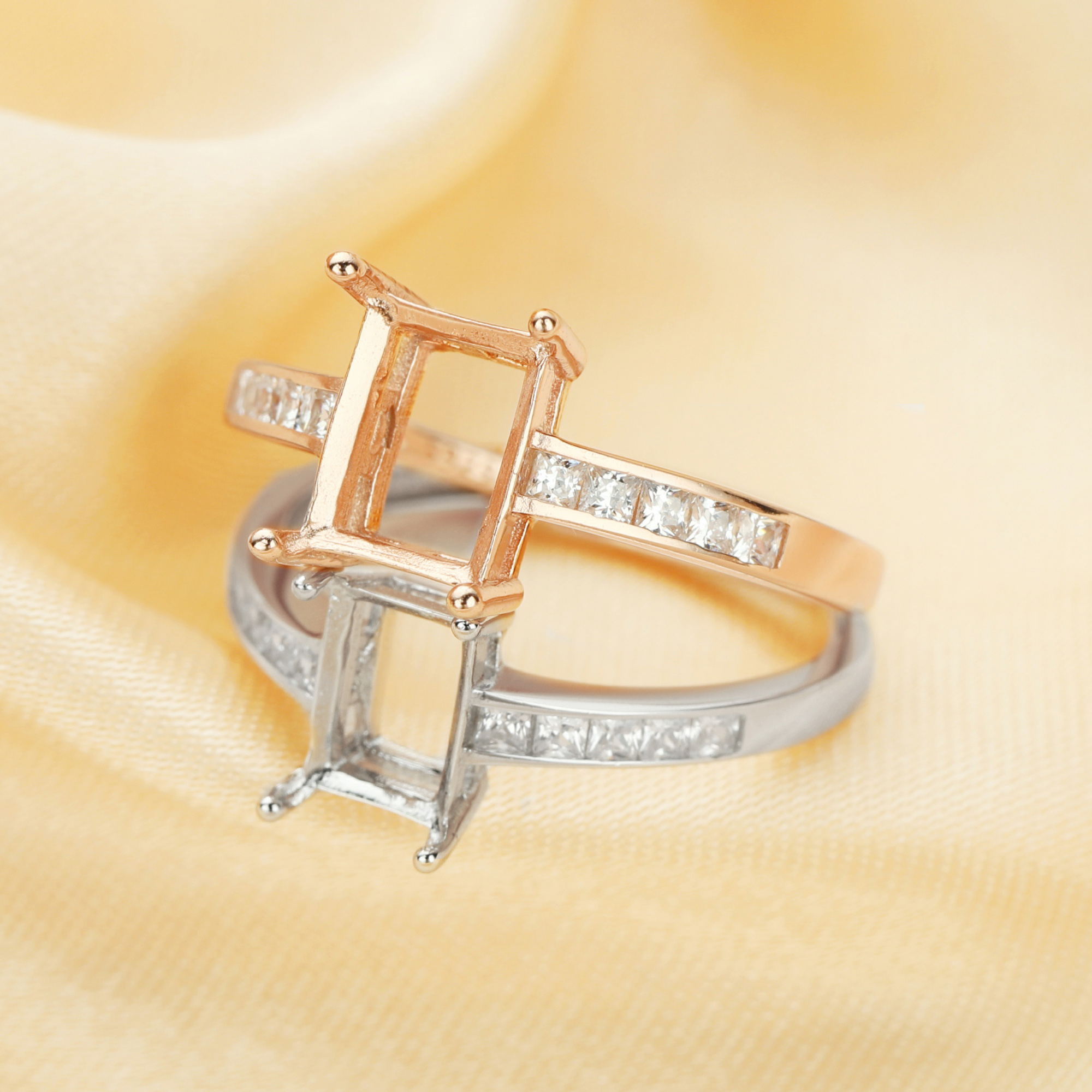 1Pcs Multiple Sizes Rectangle Rose Gold Silver Tiny Gems Cz Stone Prong Bezel Solid 925 Sterling Silver Adjustable Ring Settings 1294132 - Click Image to Close
