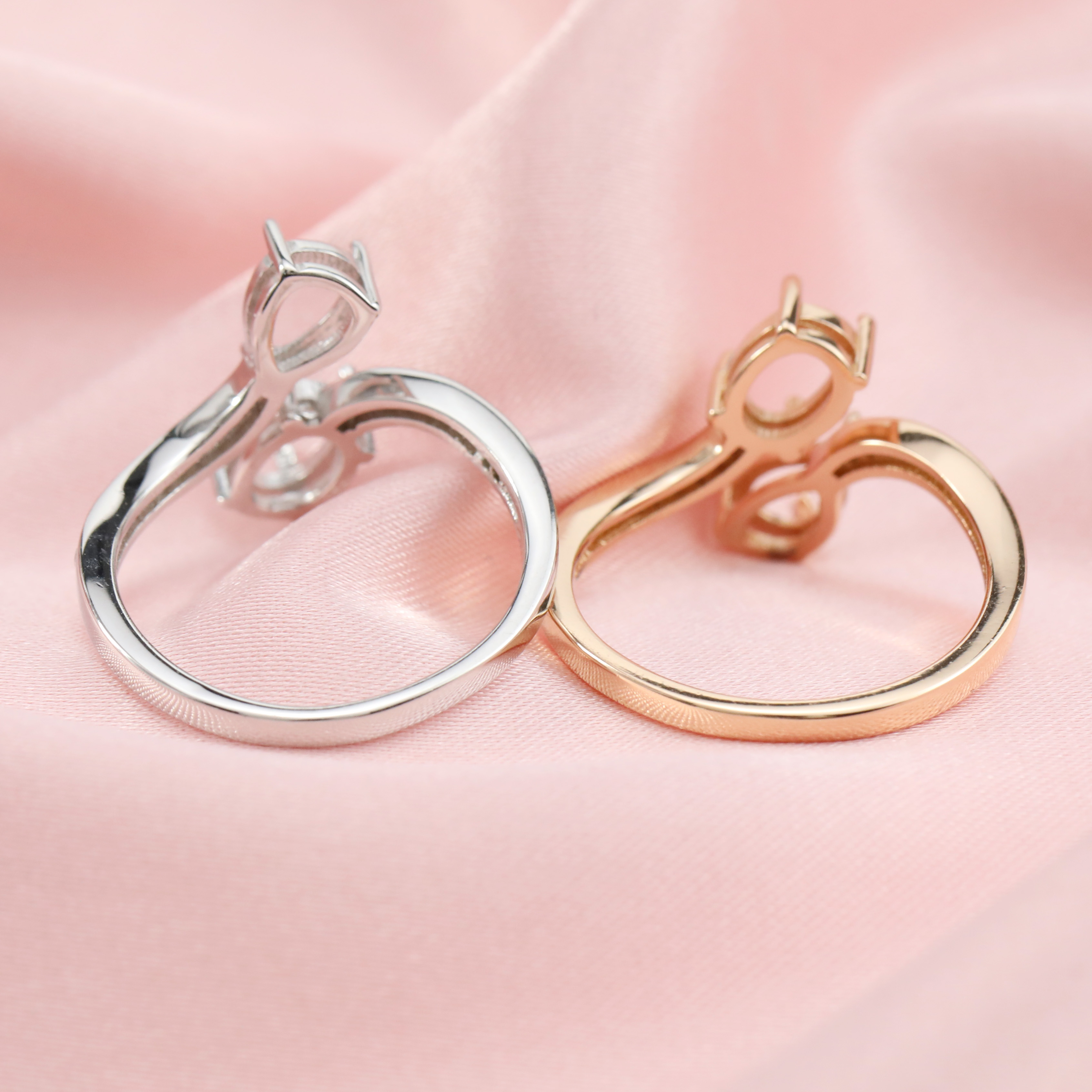 Two Stones Pear Oval Prong Ring Settings Solid 14K Gold Adjustable Ring Band for 5x7MM DIY Gemstone 1294157-1