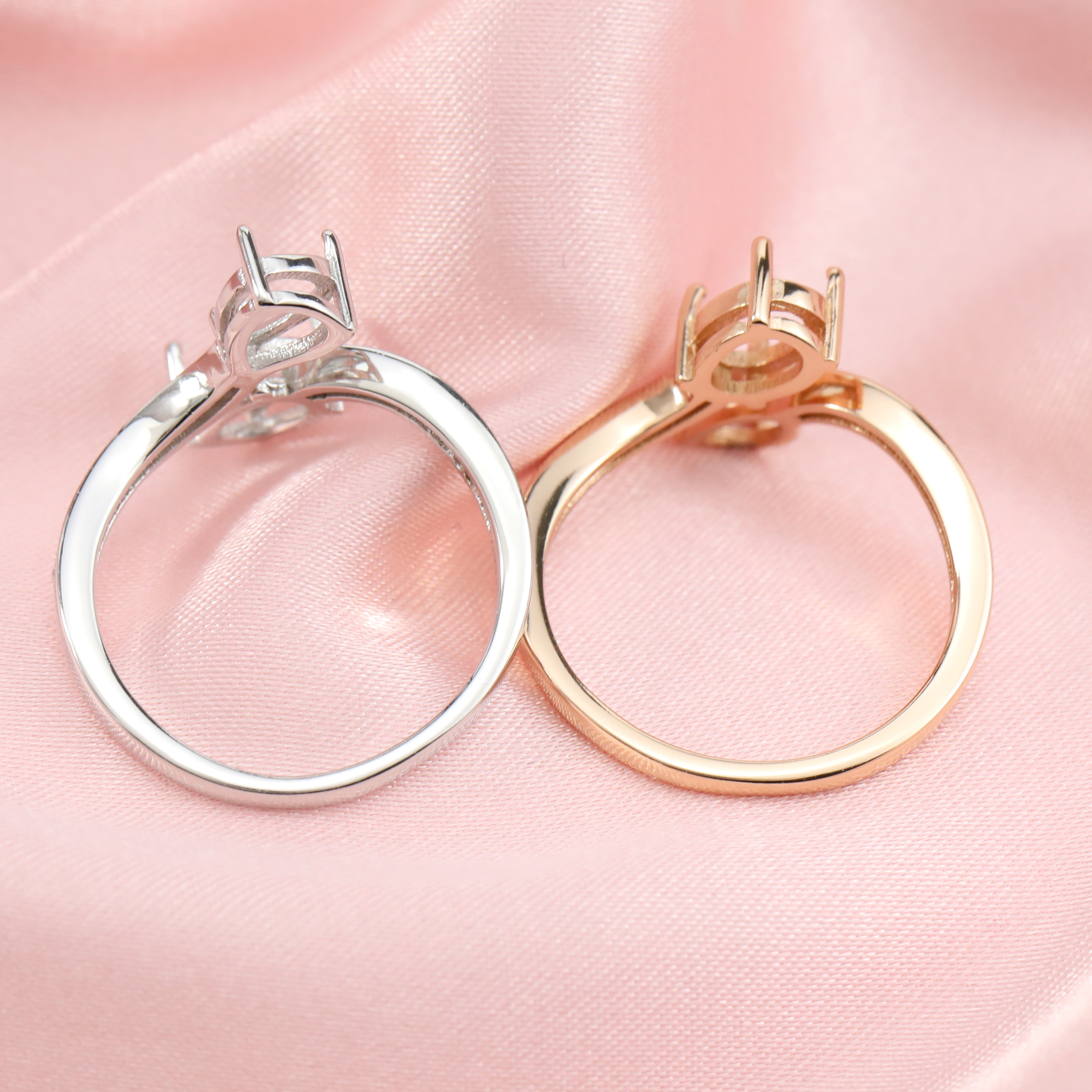 Two Stones Pear Oval Prong Ring Settings Solid 14K Gold Adjustable Ring Band for 5x7MM DIY Gemstone 1294157-1