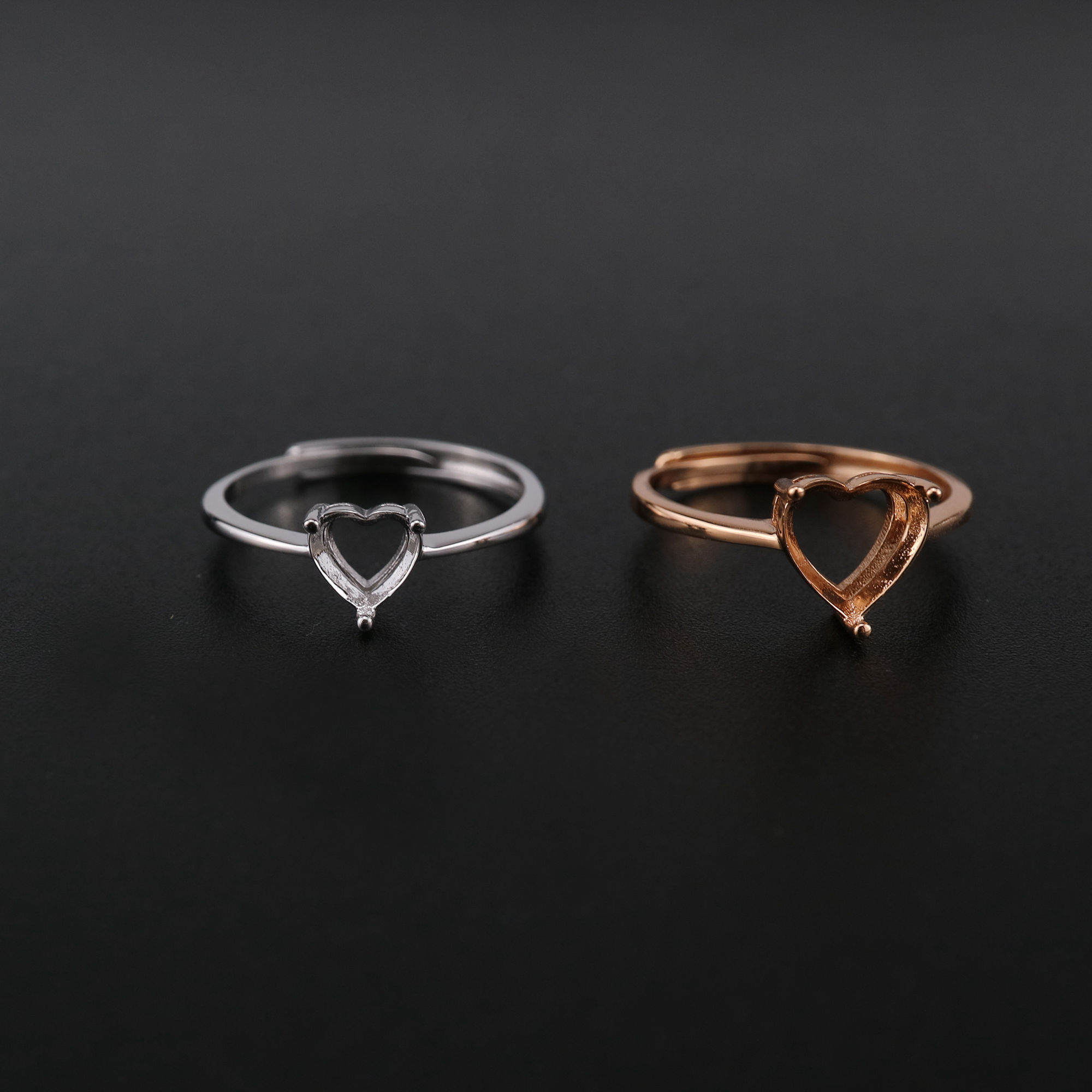 1Pcs 4-13MM Rose Gold Plated Solid 925 Sterling Silver Simple Heart Prong Bezel DIY Adjustable Ring Settings for Gemstone 1294169 - Click Image to Close