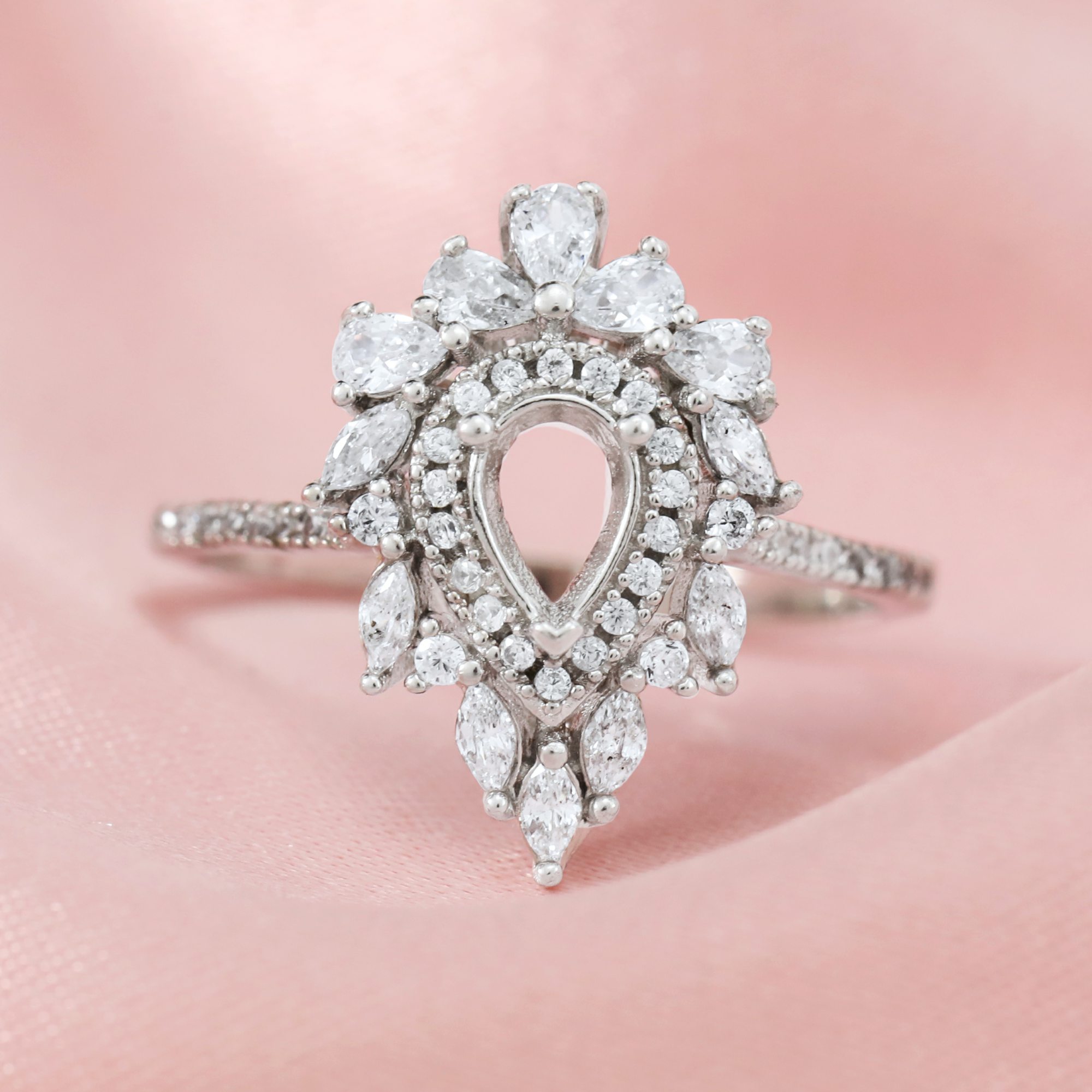 4x6MM Double Halo Pear Prong Ring Setttings Art Deco Memory Jewelry Solid 14K 18K Gold DIY Ring Blank Wedding Band with Moissanite 1294172-1