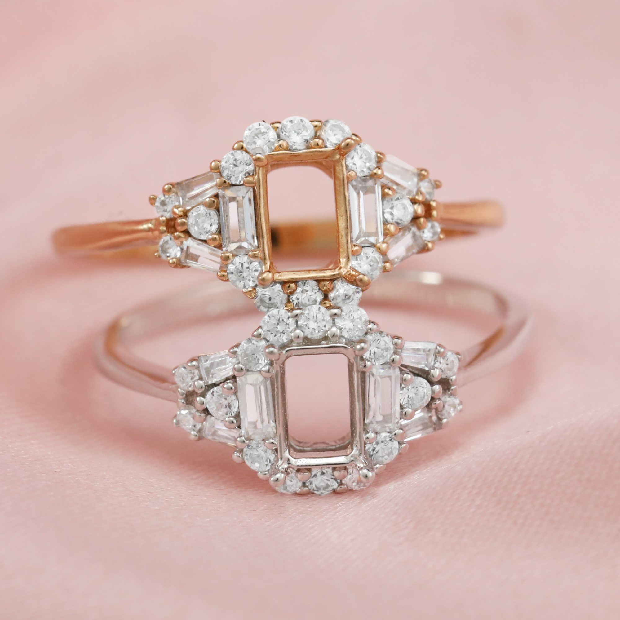 4x6MM Rectangle Prong Ring Settings Art Deco Solid 14K/18K Gold Ring with Moissanite Accents DIY Gemstone Ring Bezel 1294197-1