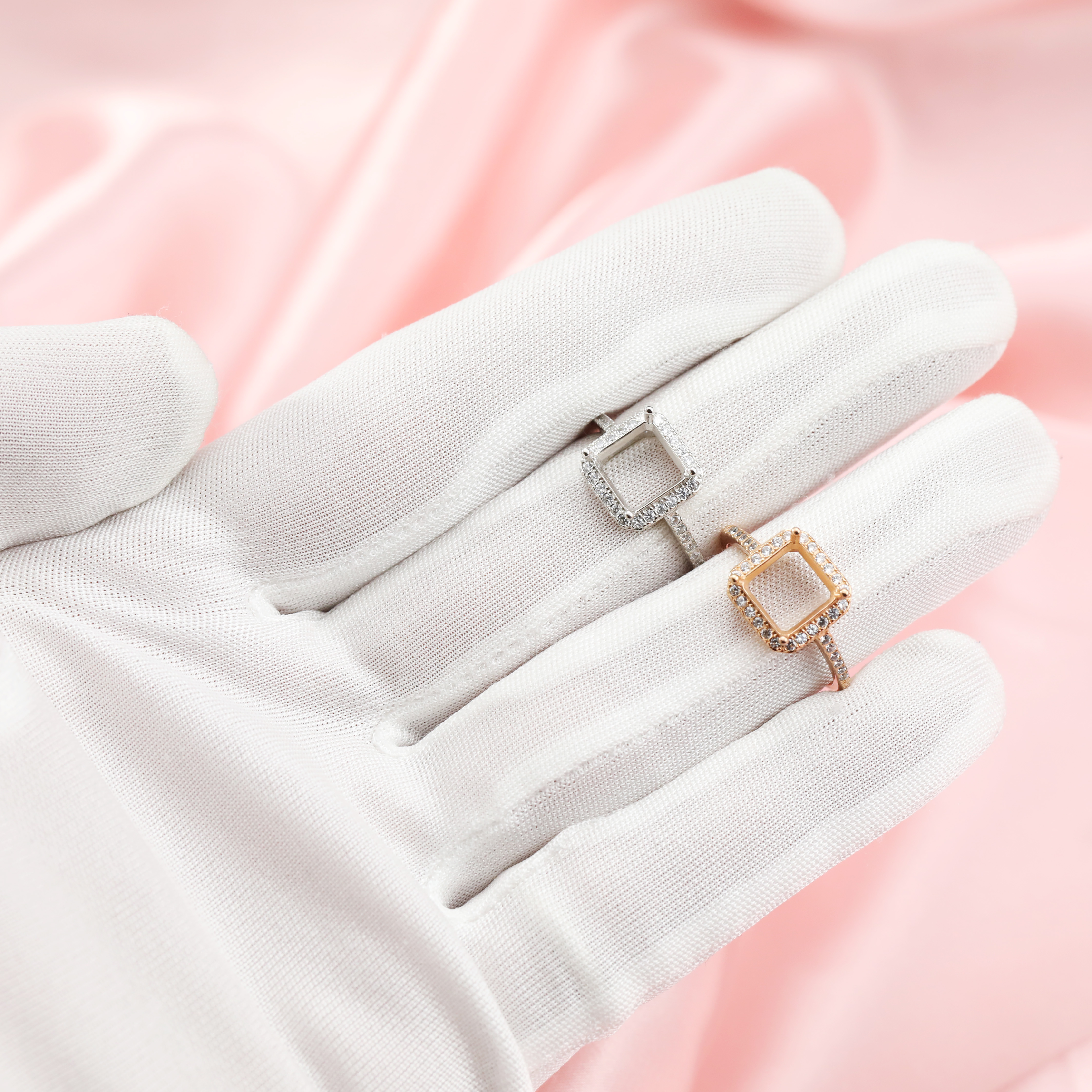 6-8MM Princess Cut Square Prong Ring Settings Halo Solid 14K/18K Gold Ring with Moissanite Accents DIY Gemstone Ring Bezel 1294214-1