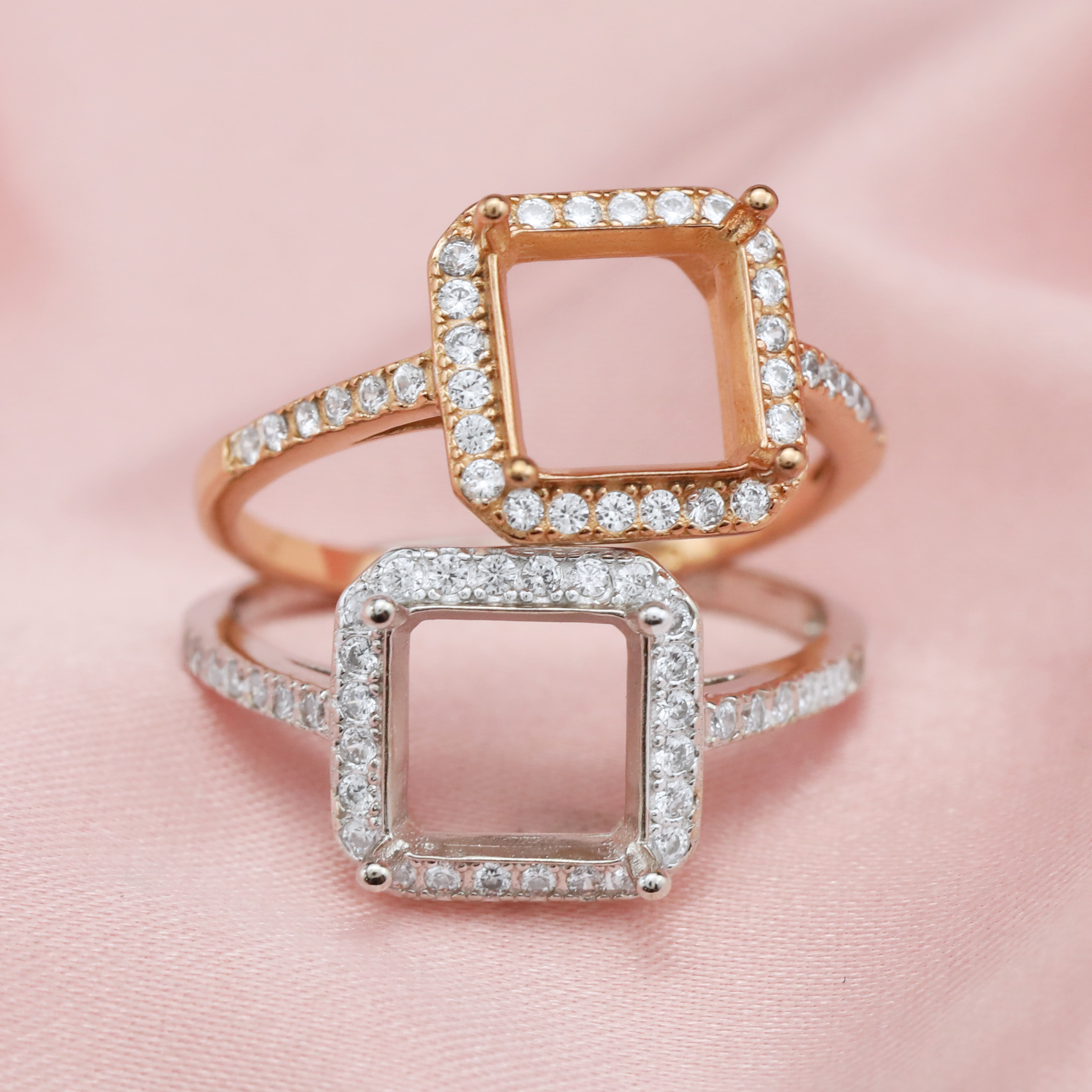 6-8MM Princess Cut Square Prong Ring Settings Halo Solid 14K/18K Gold Ring with Moissanite Accents DIY Gemstone Ring Bezel 1294214-1