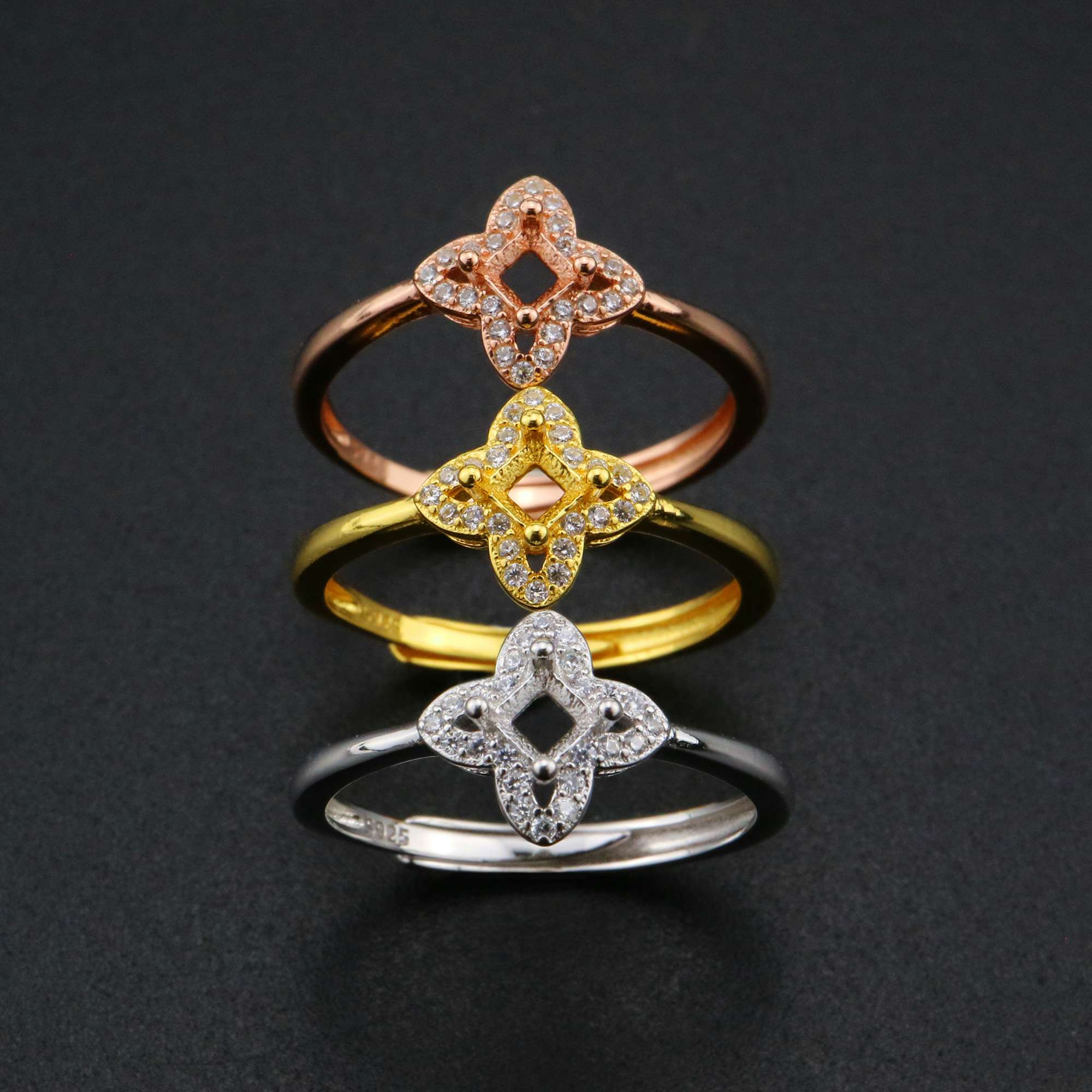 3MM Square Flower Prong Ring Settings Solid 925 Sterling Silver Rose Gold Plated DIY Adjustable Ring Bezel for Gemstone 1294218 - Click Image to Close