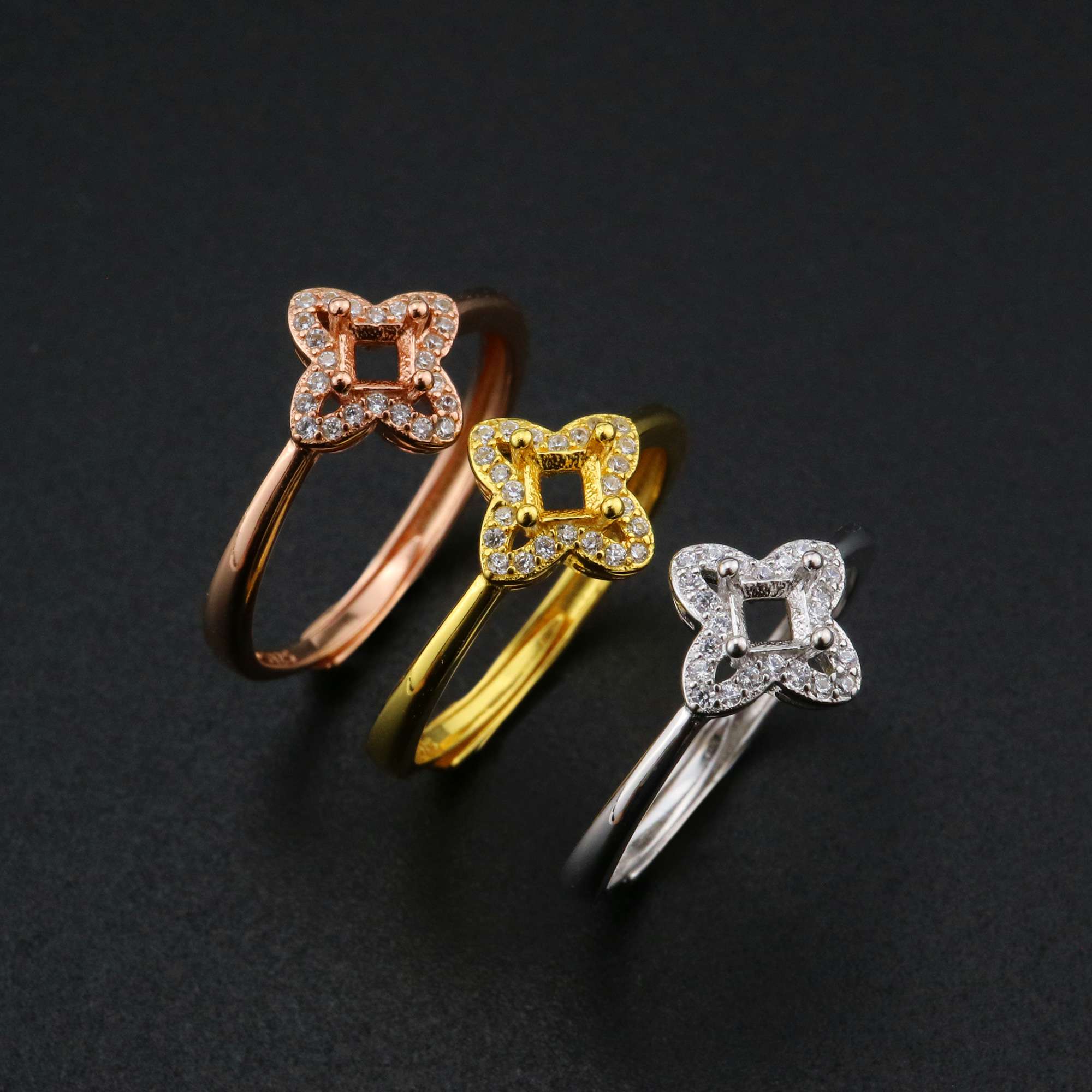 3MM Square Flower Prong Ring Settings Solid 925 Sterling Silver Rose Gold Plated DIY Adjustable Ring Bezel for Gemstone 1294218 - Click Image to Close