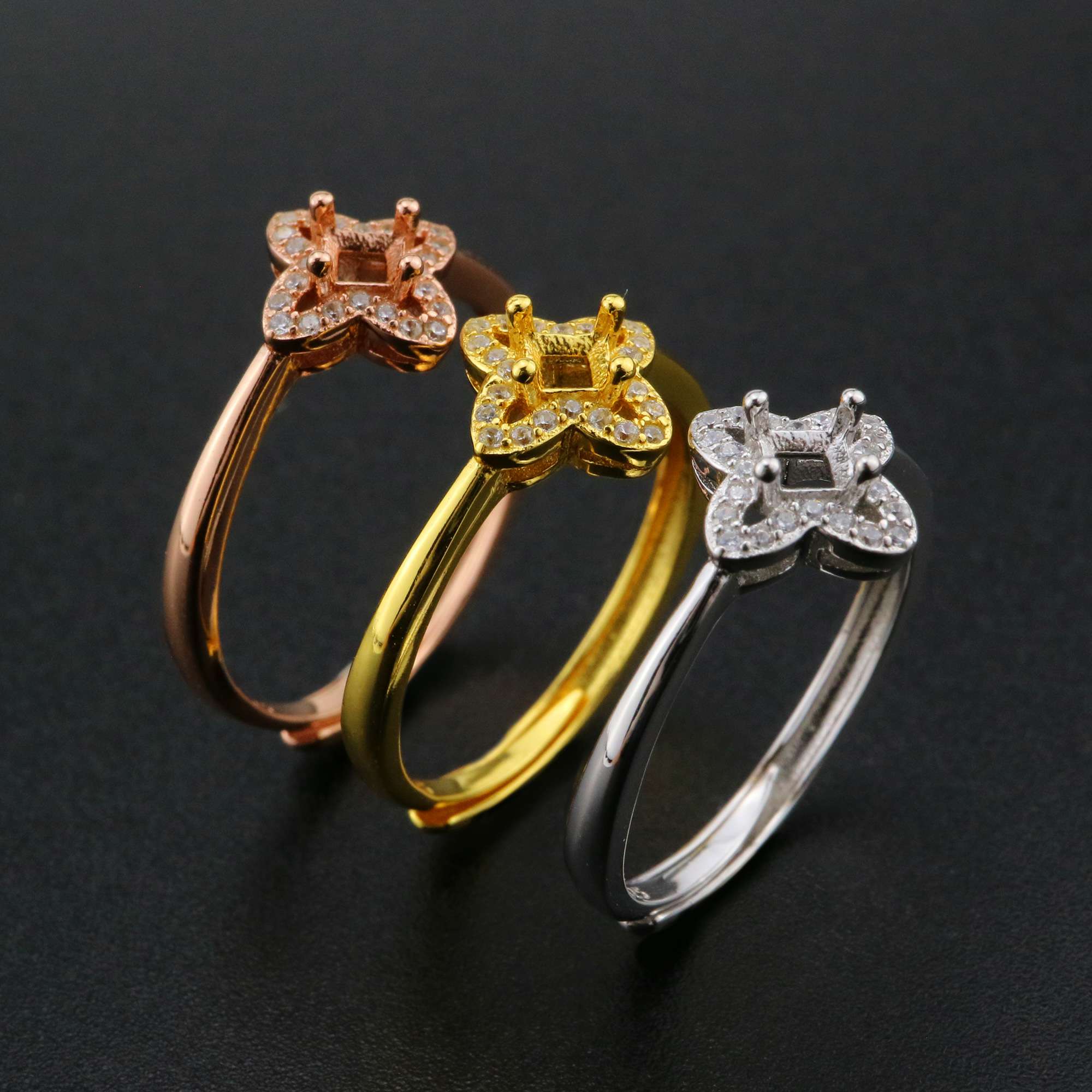 3MM Square Flower Prong Ring Settings Solid 925 Sterling Silver Rose Gold Plated DIY Adjustable Ring Bezel for Gemstone 1294218 - Click Image to Close